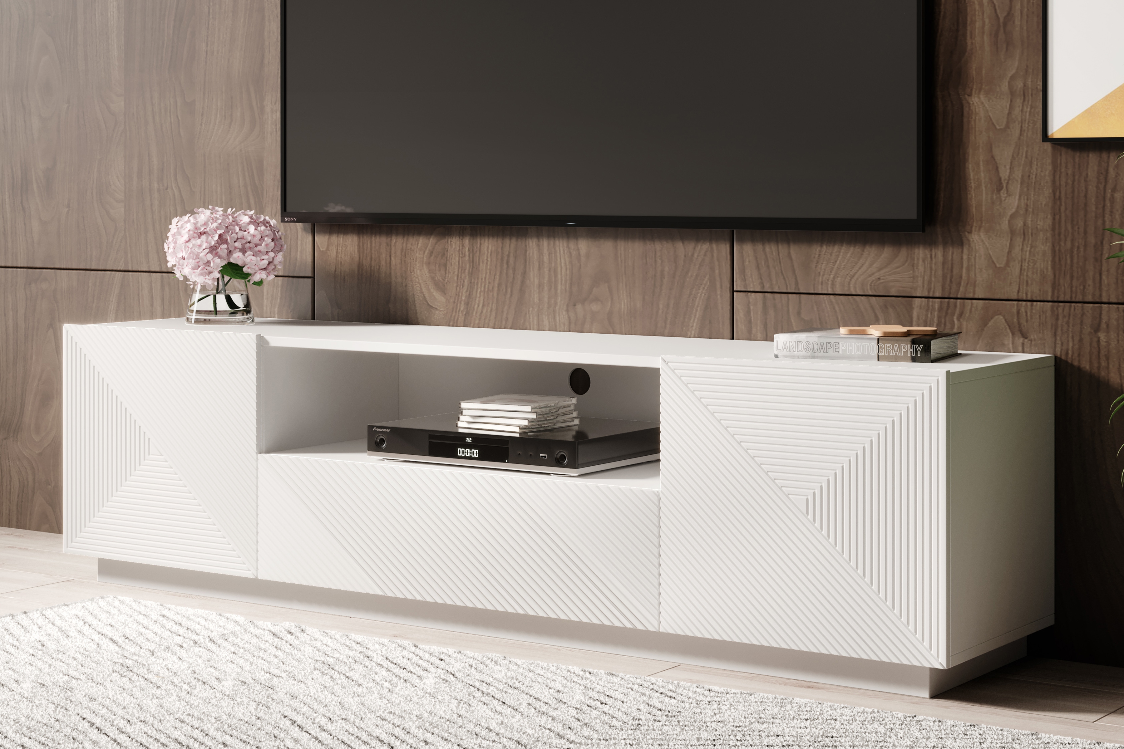 TV stolík Asha 167 cm s otvorenou policou - biely mat TV skrinka so zásuvkami Asha 167 cm - biely mat