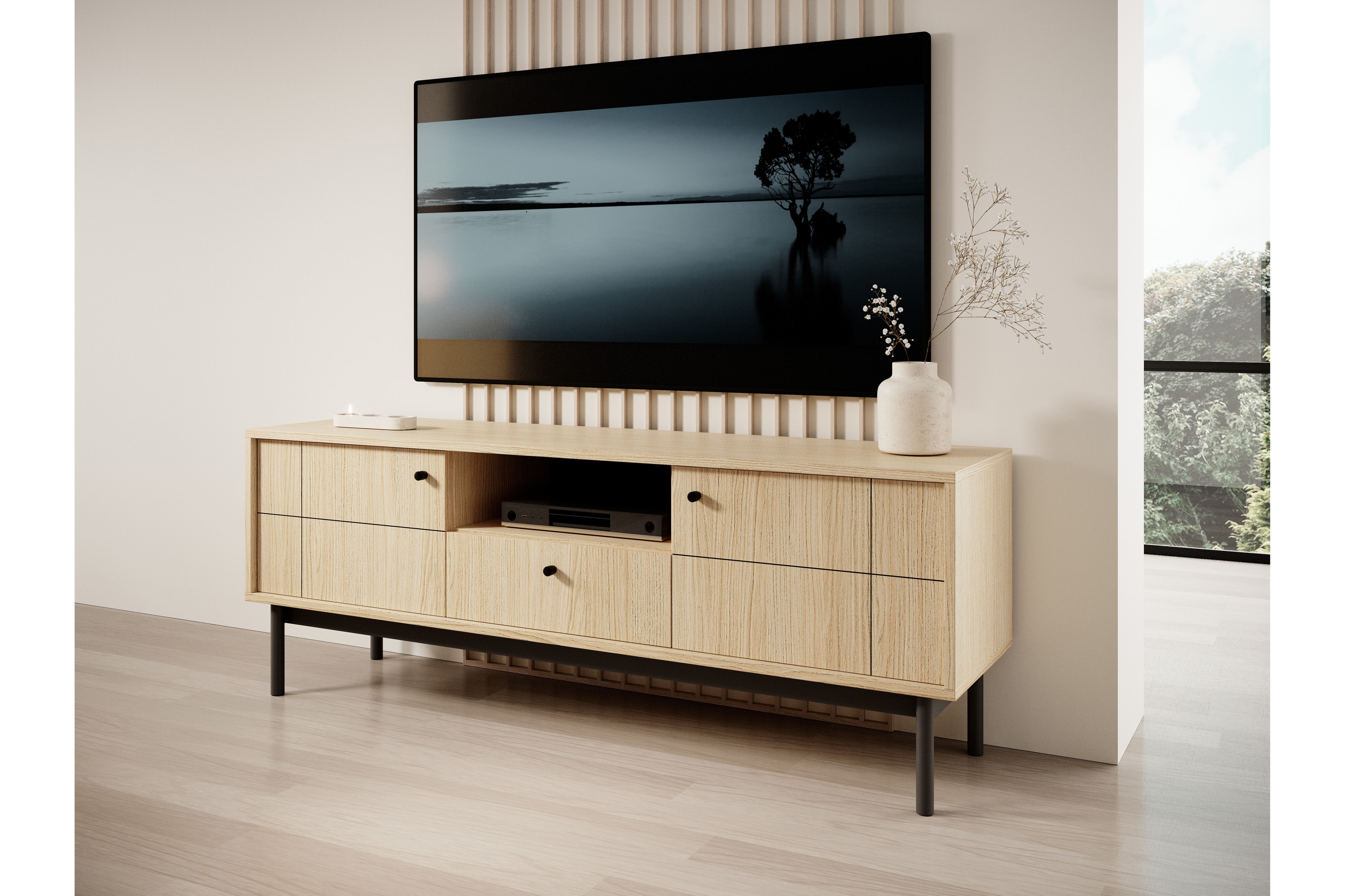 TV stolek Jolinio 154 cm - dub linea / černé nožky Skříňka RTV se zásuvkami Jolinio153 cm - dub linea