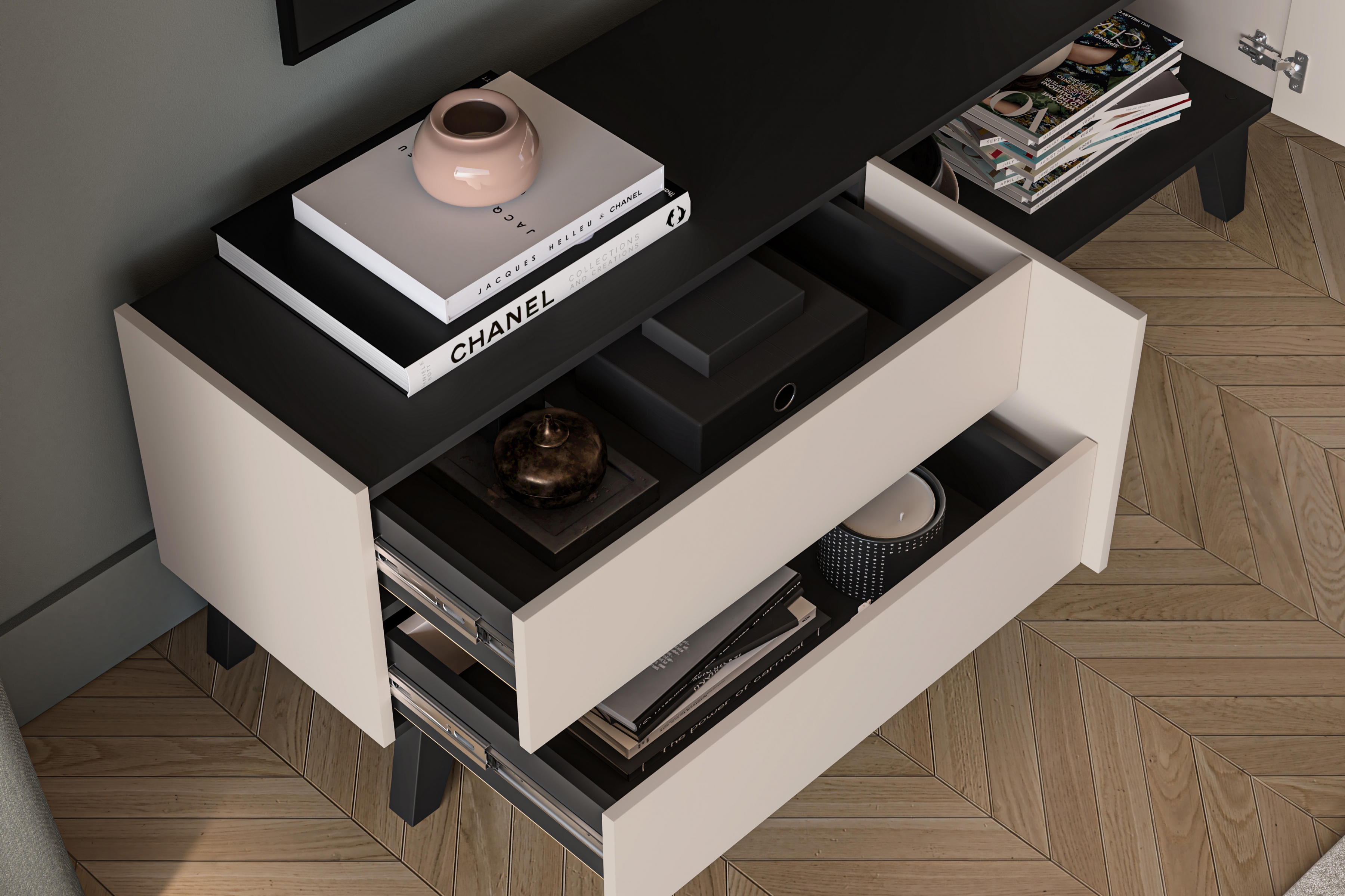 TV stolík Salio 160 cm so zásuvkami - kašmírová / čierna TV skrinka so zásuvkami Salio 160 cm - kašmír / Čierny