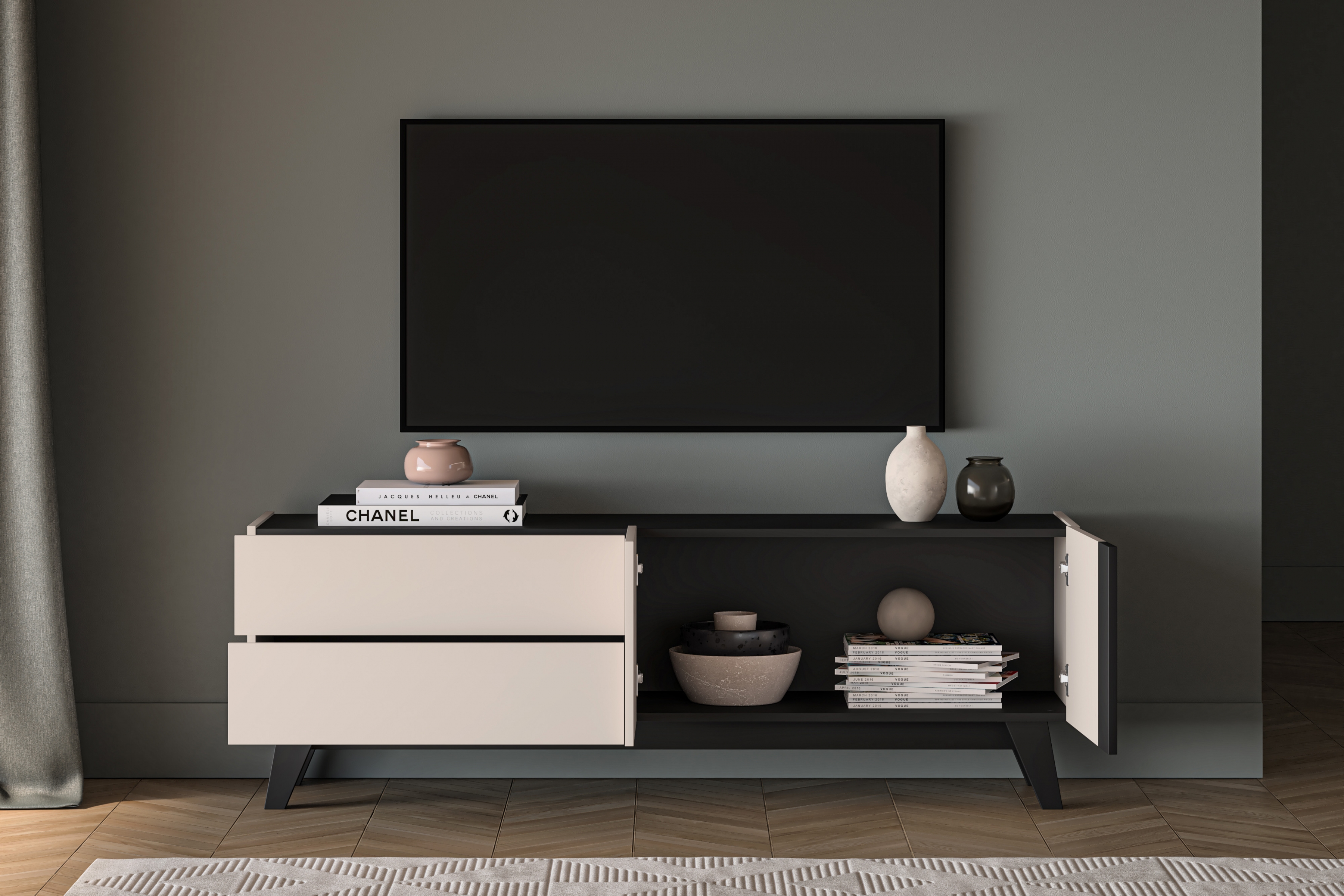 TV stolík Salio 160 cm so zásuvkami - kašmírová / čierna TV skrinka so zásuvkami Salio 160 cm - kašmír / Čierny