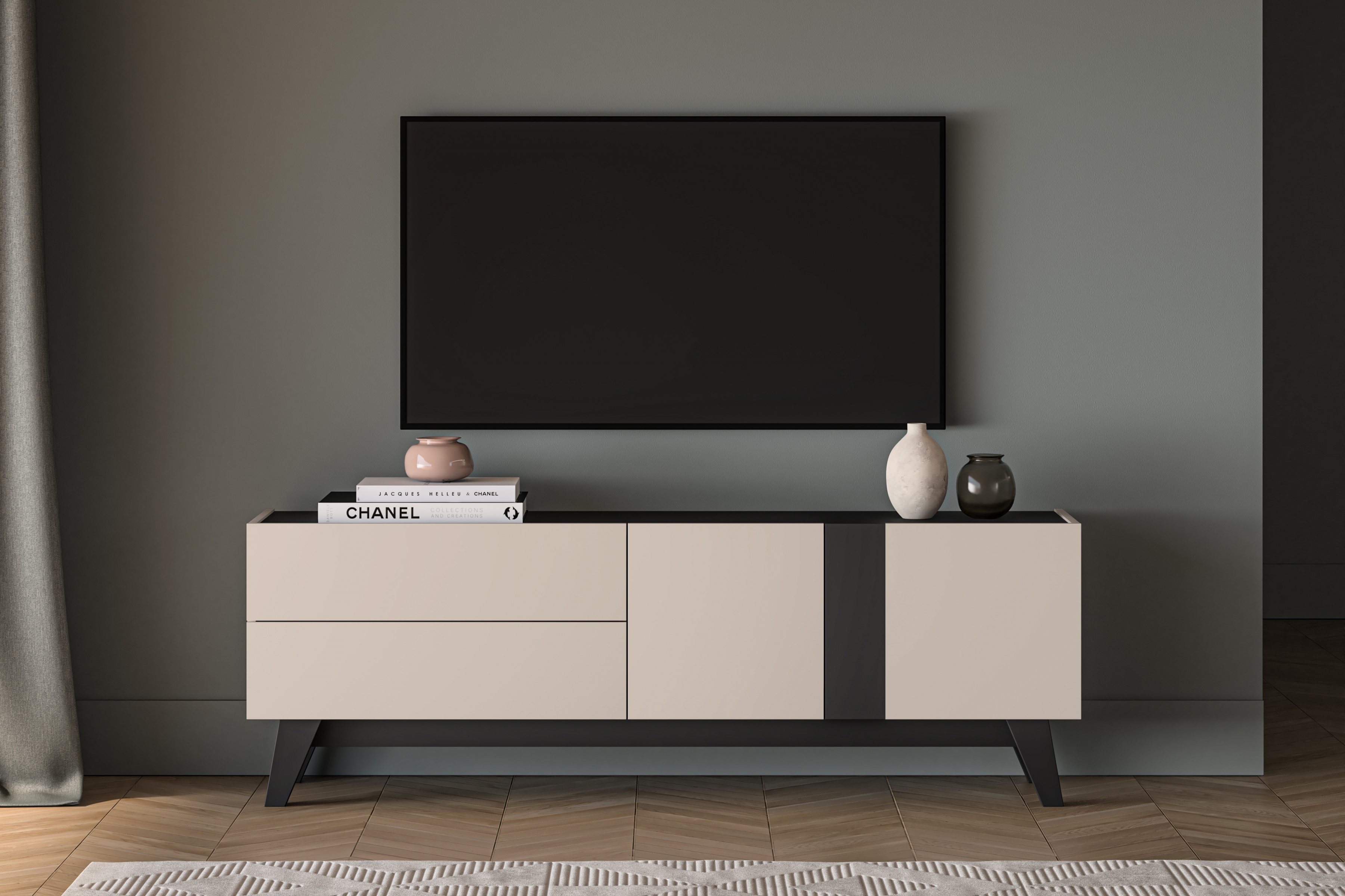 TV stolík Salio 160 cm so zásuvkami - kašmírová / čierna TV skrinka so zásuvkami Salio 160 cm - kašmír / Čierny