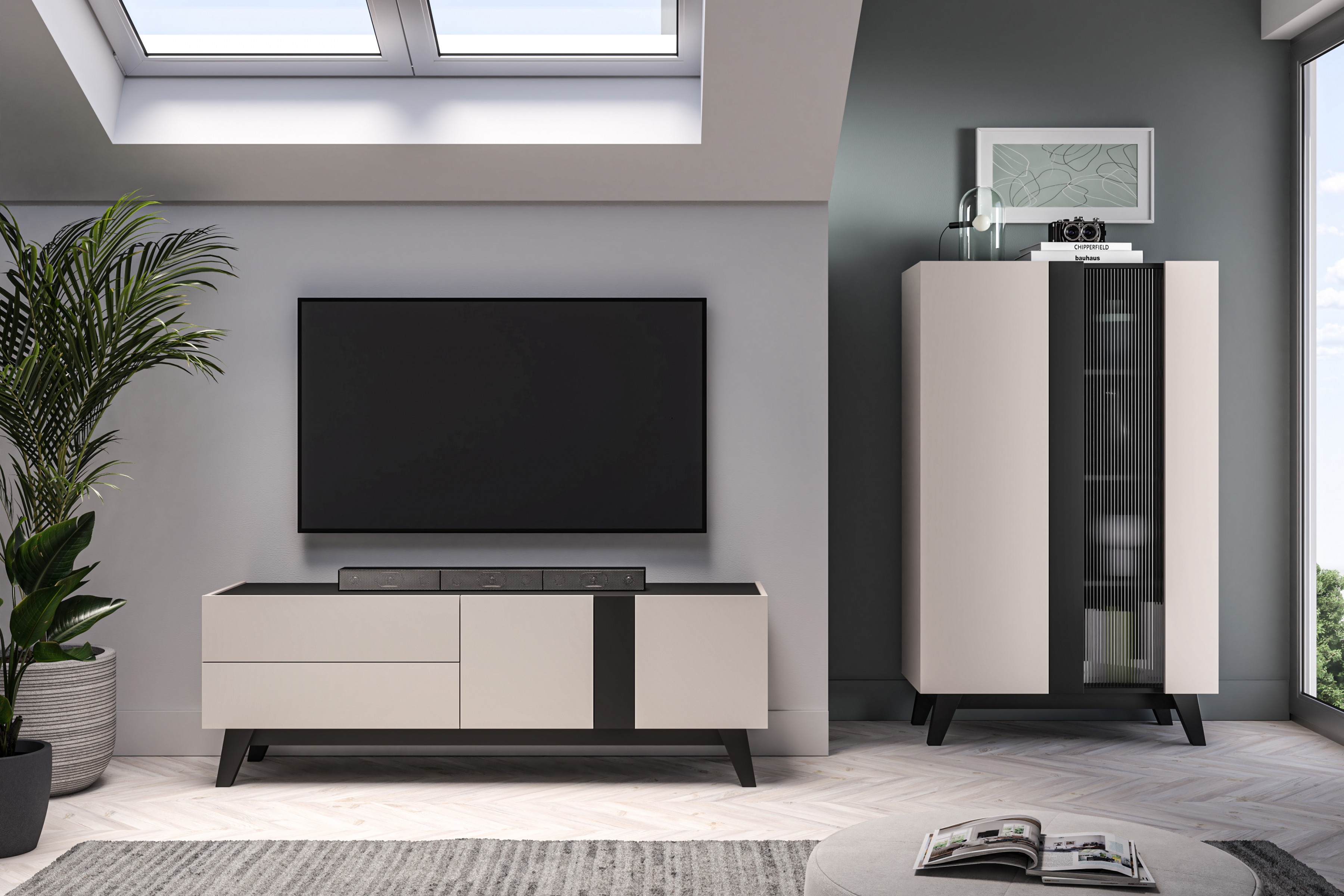 TV stolík Salio 160 cm so zásuvkami - kašmírová / čierna TV skrinka so zásuvkami Salio 160 cm - kašmír / Čierny