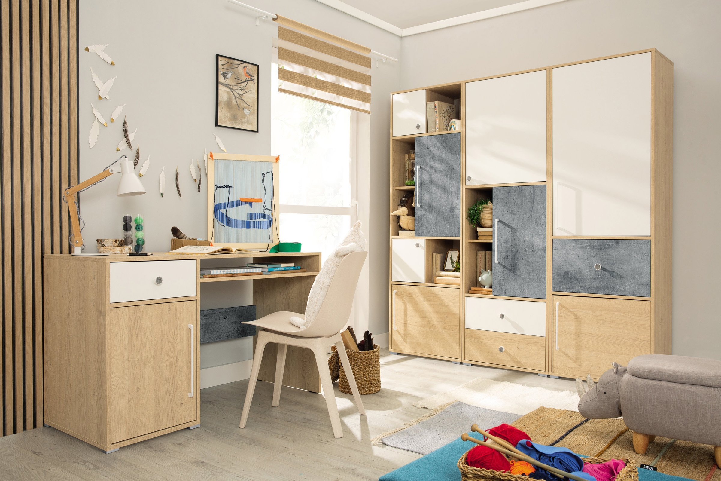 Regál Step ST2 se zásuvkou 60 cm - dub piškotový / bílá / beton skříňka Step 60 cm Levá/Pravá z szuflada dub biszkoptowy / bílá lux / beton