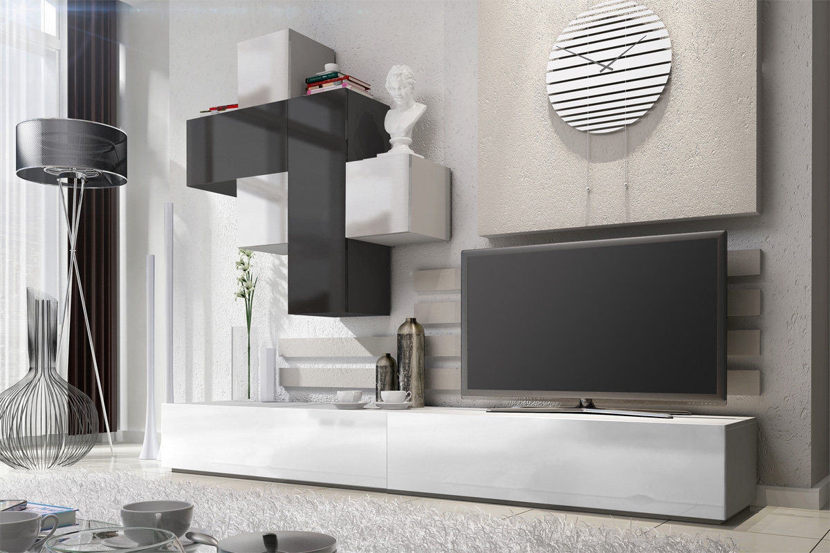 Závesná skrinka Combo 1 - Biela/MDF biely lesk Obývacia stena 