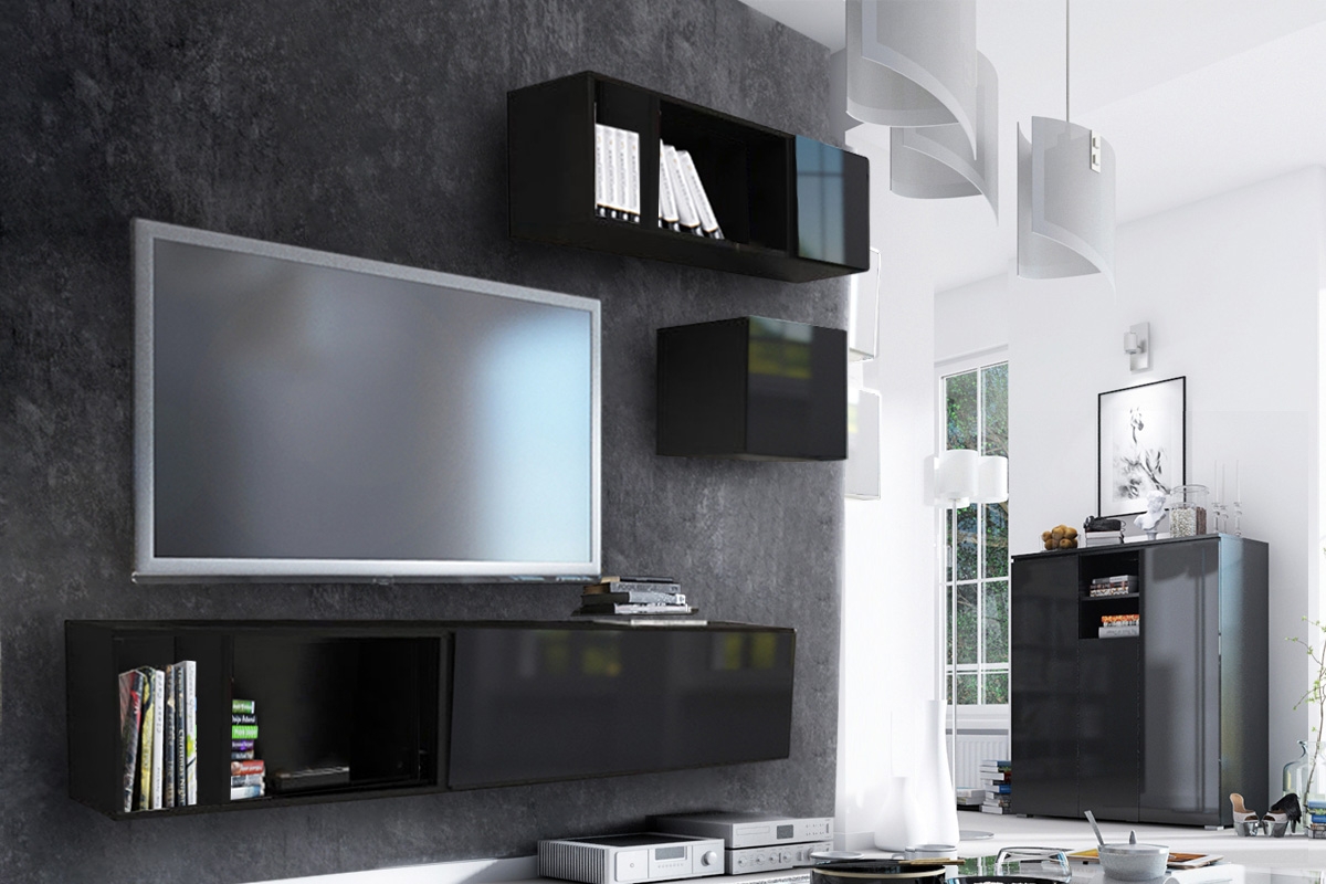 Závesná skrinka výklopná Combo 5 - grafit/MDF Čierny lesk - Koncovka Série Nábytok v čiernom lesku