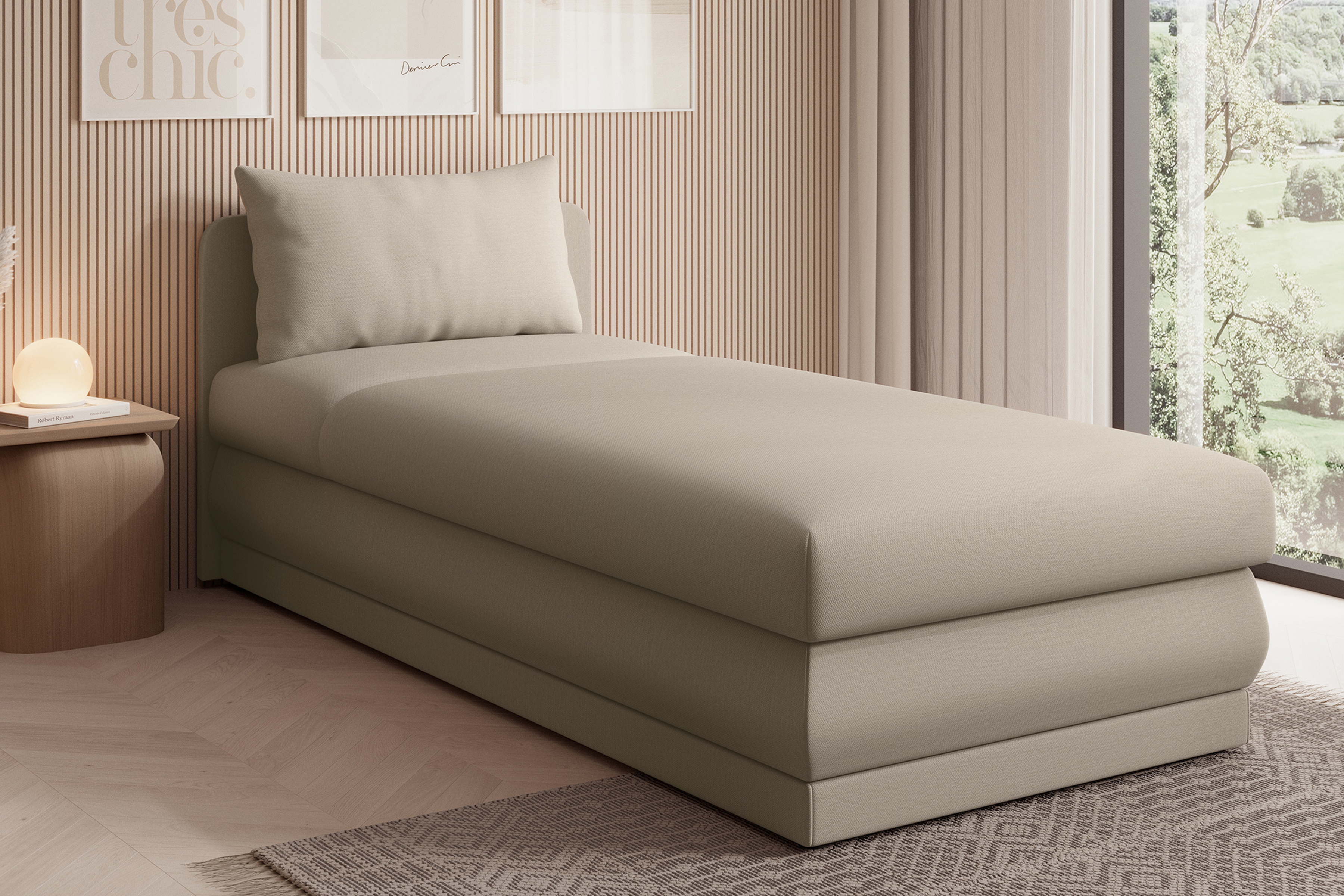 Detská pohovka Kodil I s úložným priestorom – krémová pletená látka Ado 1601 Halva Detská pohovka jednolôžkova Kodil I S vnútorným úložným priestorom - kremowa plecionka Ado 1601 Halva