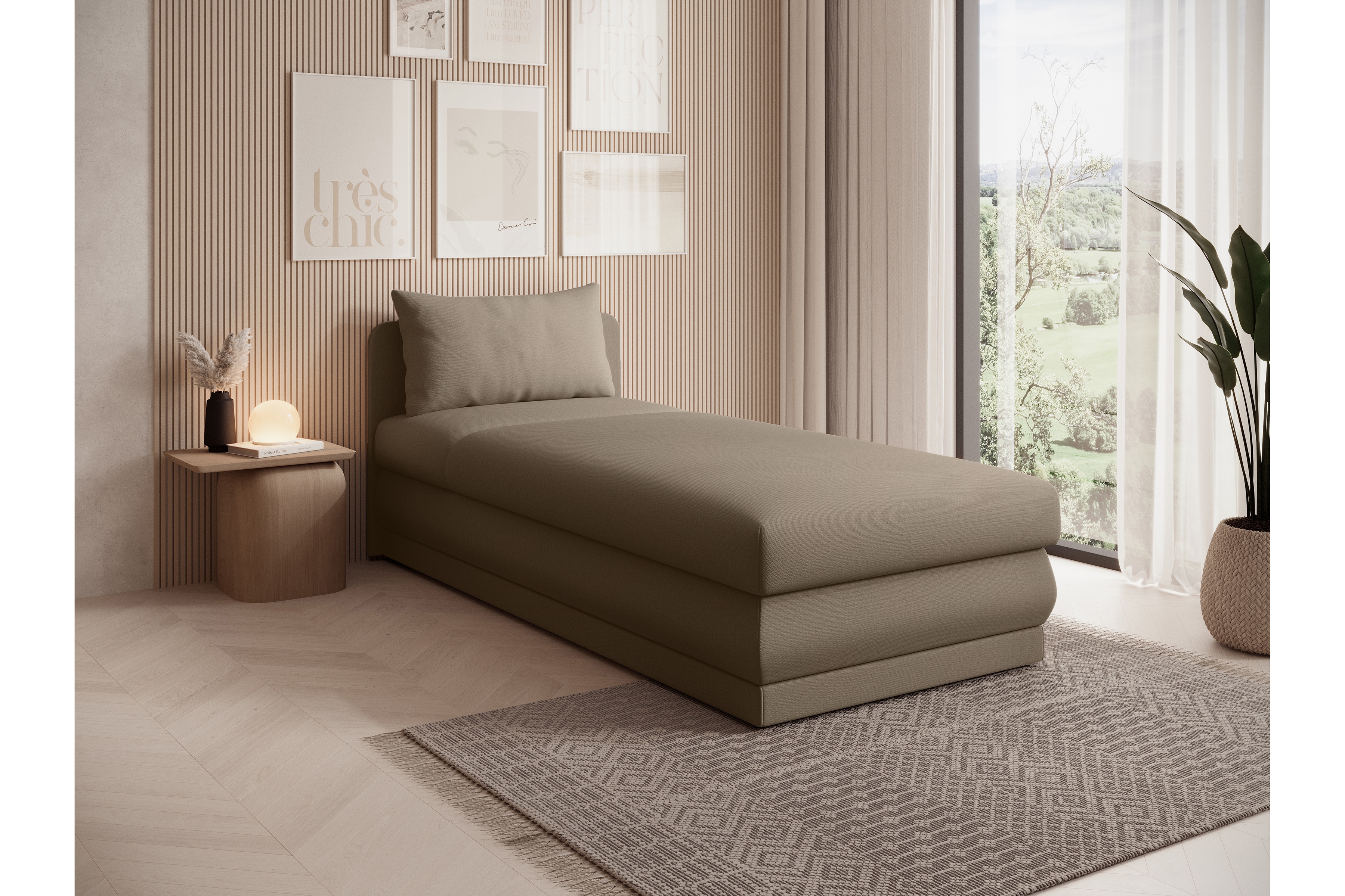 Detská pohovka Kodil I s úložným priestorom – béžová pletená látka Ado 1603 Vlašský orech Detská pohovka jednolôžkova Kodil I S vnútorným úložným priestorom- Béžová plecionka Ado 1603 vlašský orech