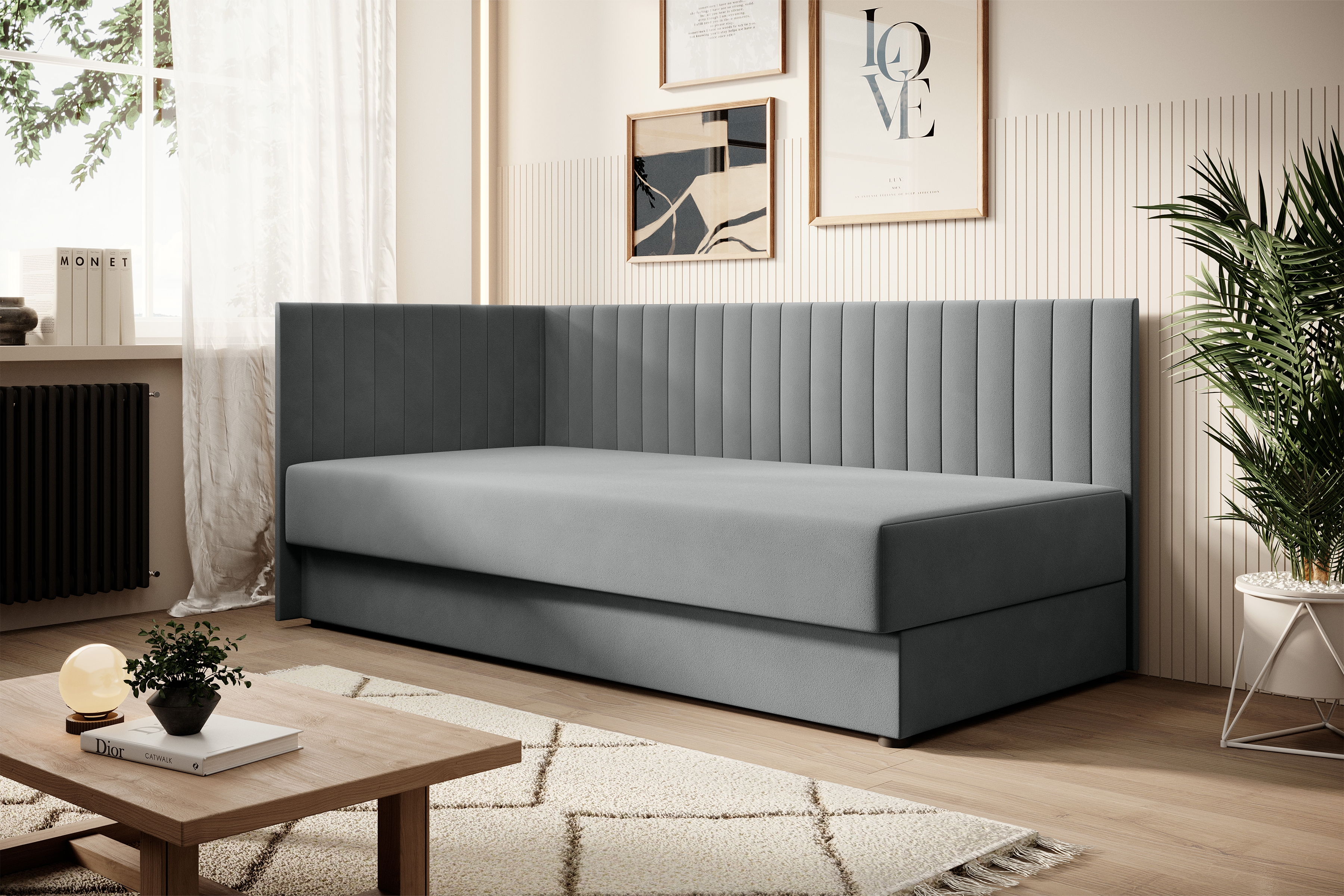 Váľanda Nutri ľavá - šedý zamat Zanzibar 182 - 186x80/100 cm Detská pohovka/posteľ ľavá strana s úložným priestorom Nutri - šedý zamat Zanzibar 182, 186x80/100 cm