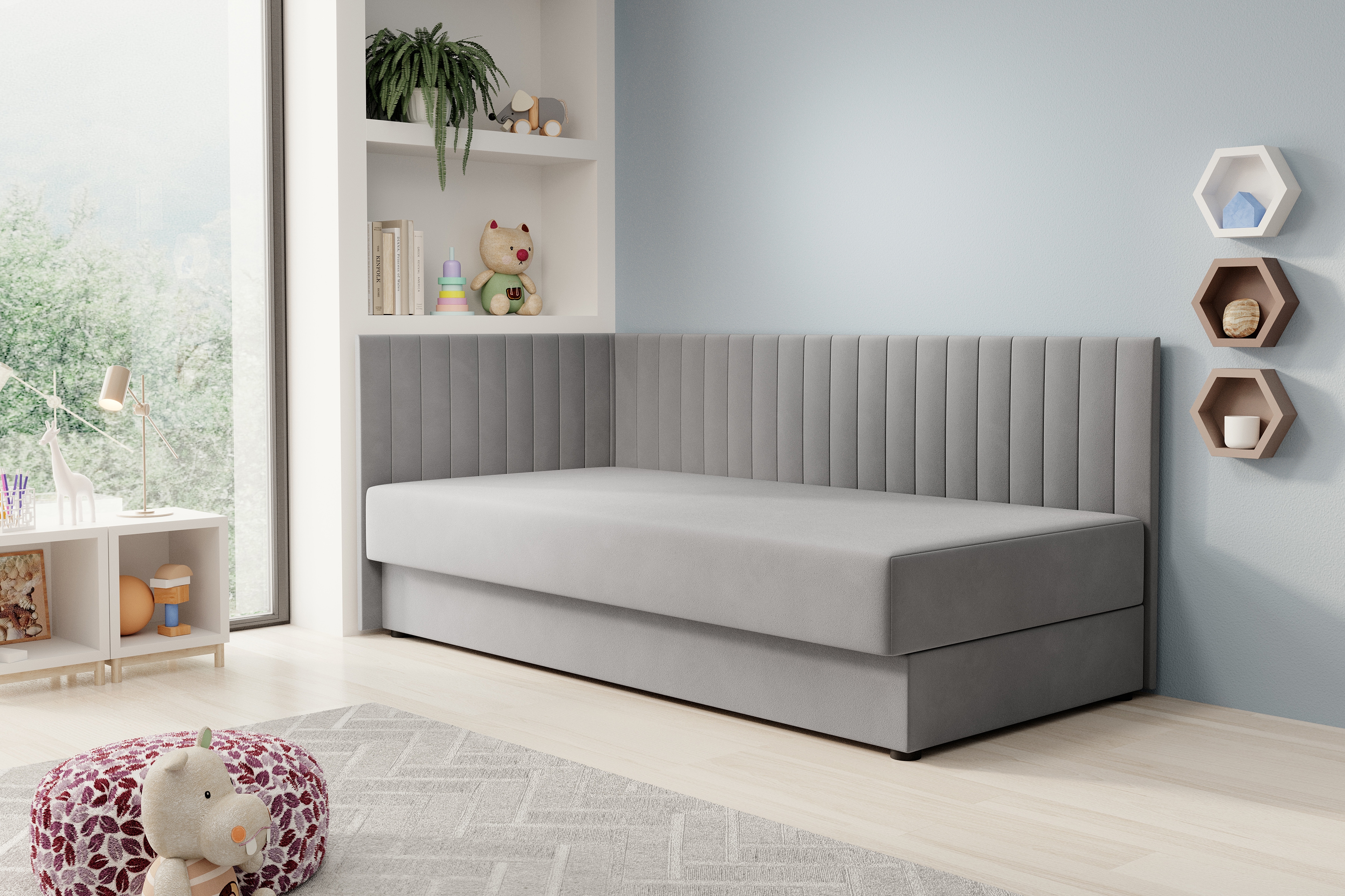 Váľanda Nutri ľavá - šedý zamat Zanzibar 182 - 186x90/100 cm Detská pohovka/posteľ ľavá strana s úložným priestorom Nutri - šedý velúr Zanzibar 182, 186x90/100 cm