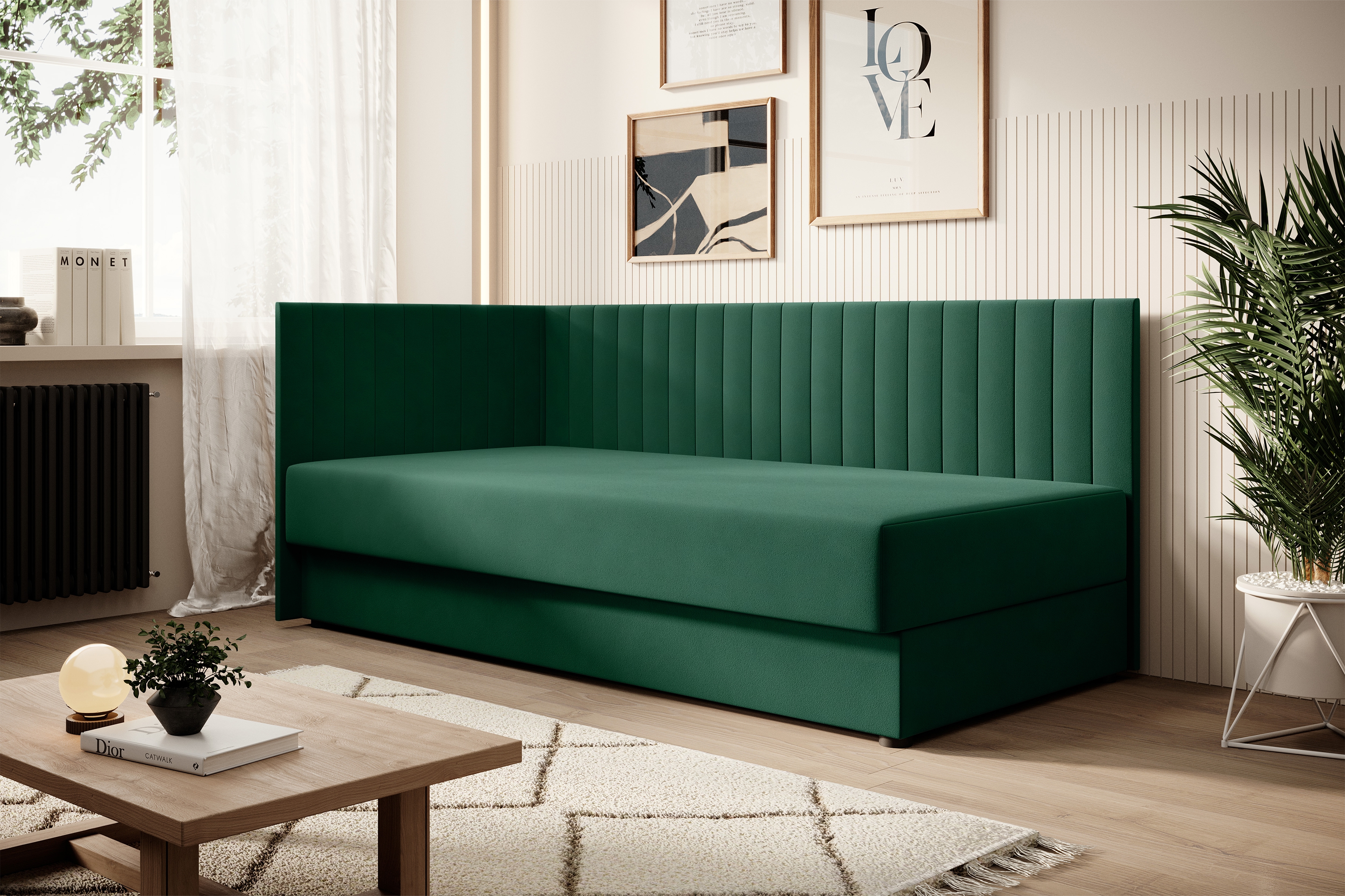 Váľanda Nutri s úložným priestorom ľavá - 186x80 cm - zelený velúr Zanzibar 162 Detská pohovka/posteľ ľavá strana s úložným priestorom Nutri - Zelený zamat Zanzibar 162, 186x80/80 cm