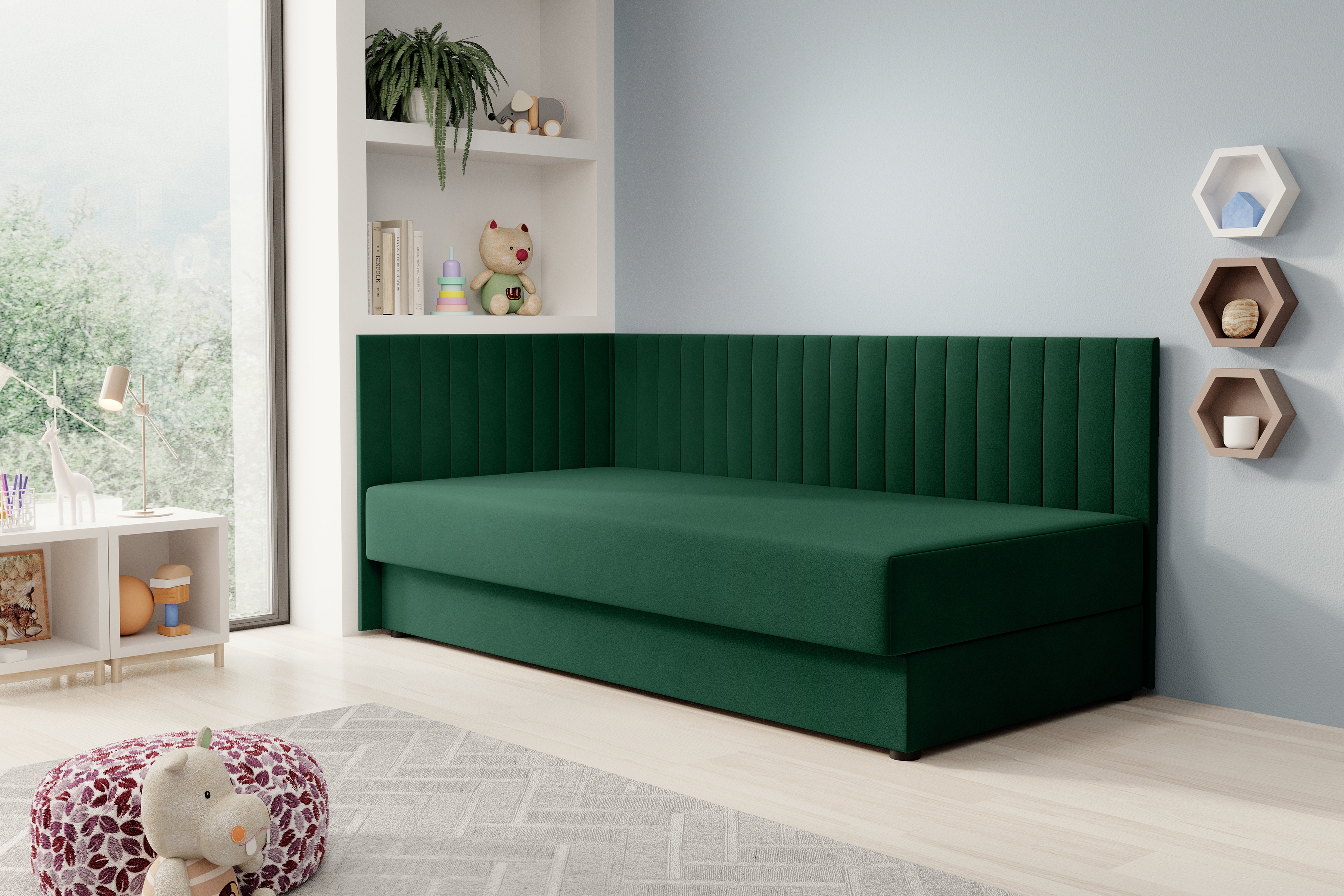 Váľanda Nutri ľavá - zelený zamat Zanzibar 162 - 186x90/80 cm Detská pohovka/posteľ ľavá strana s úložným priestorom Nutri - Zelený velúr Zanzibar 162, 186x90/80 cm