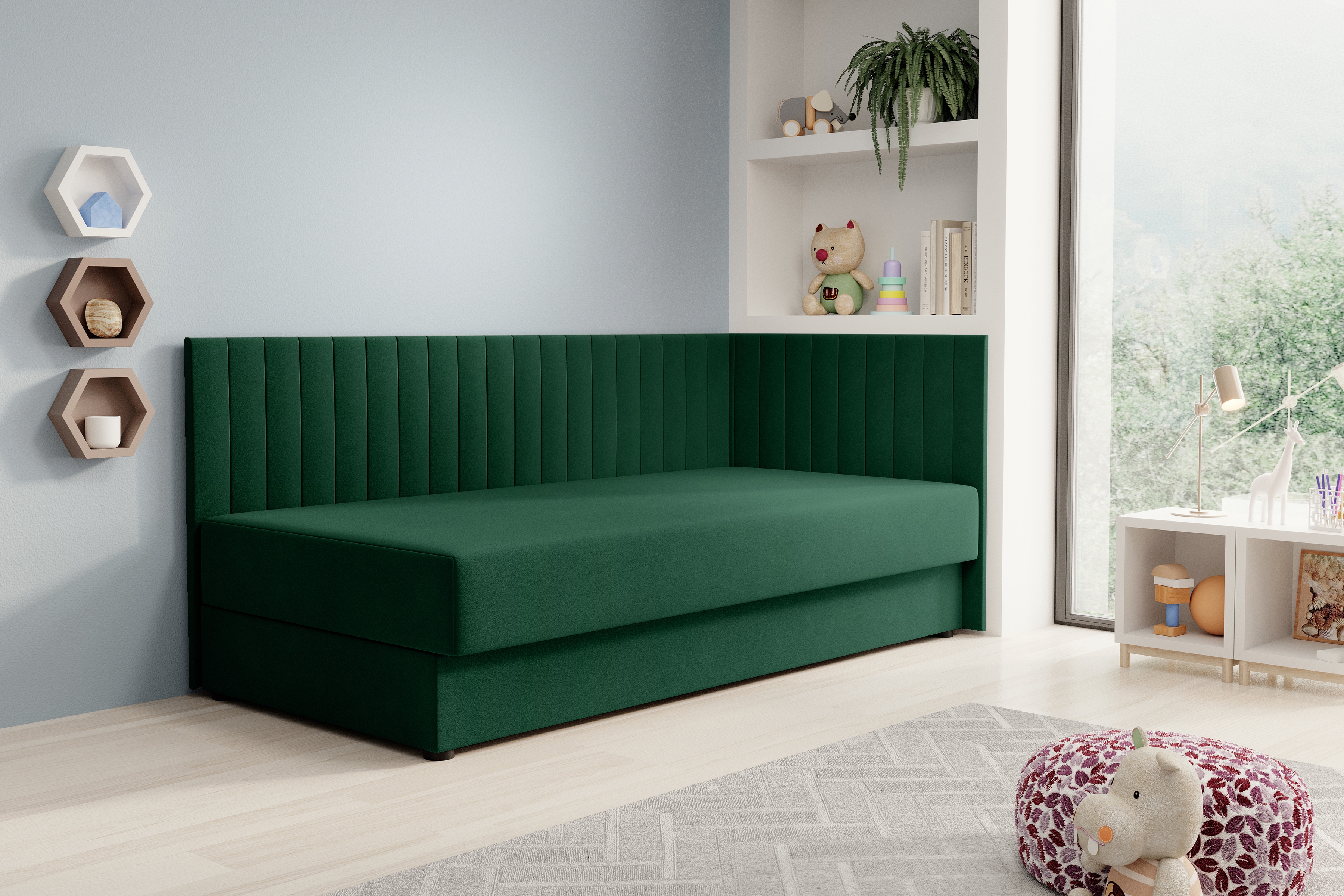 Váľanda Nutri pravá - zelený zamat Zanzibar 162 - 186x80/100 cm Detská pohovka/posteľ pravá strana s úložným priestorom Nutri - Zelený velúr Zanzibar 162, 186x80/100 cm
