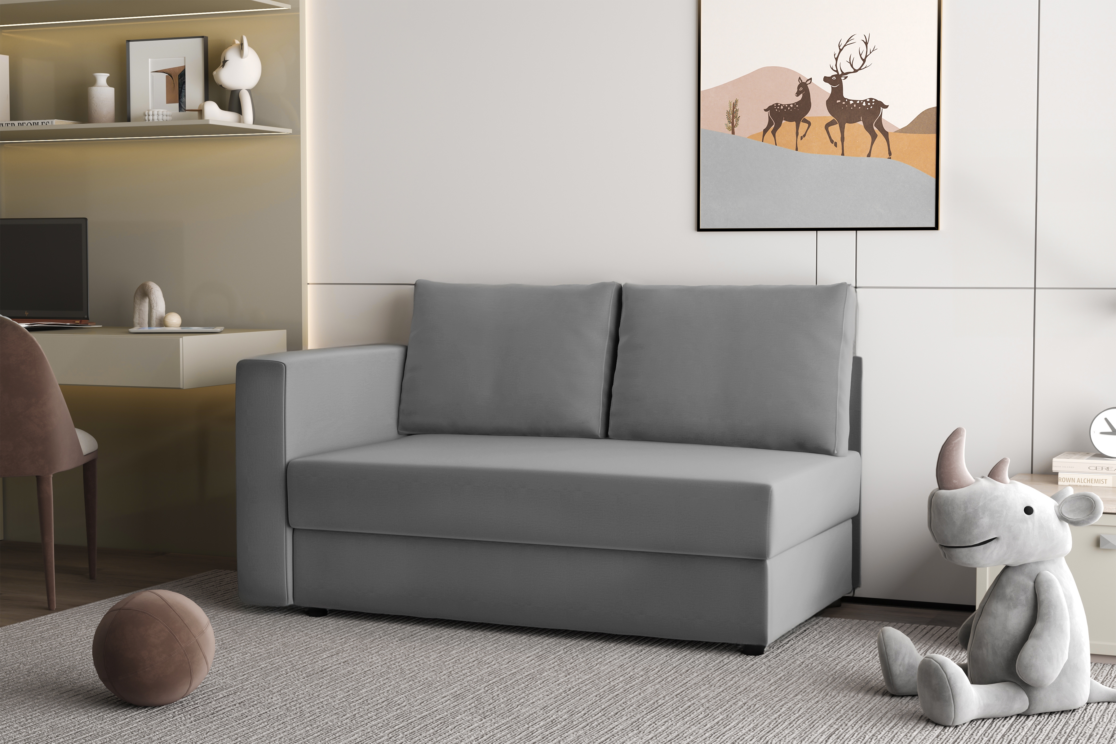 Váľanda Matej pravá 200x80 cm s úložným priestorom – sivý velúr Velluto 16 Detská pohovka/posteľ pravá strana rozkladany s úložným priestorom Maciek - šedý zamat Velluto 16