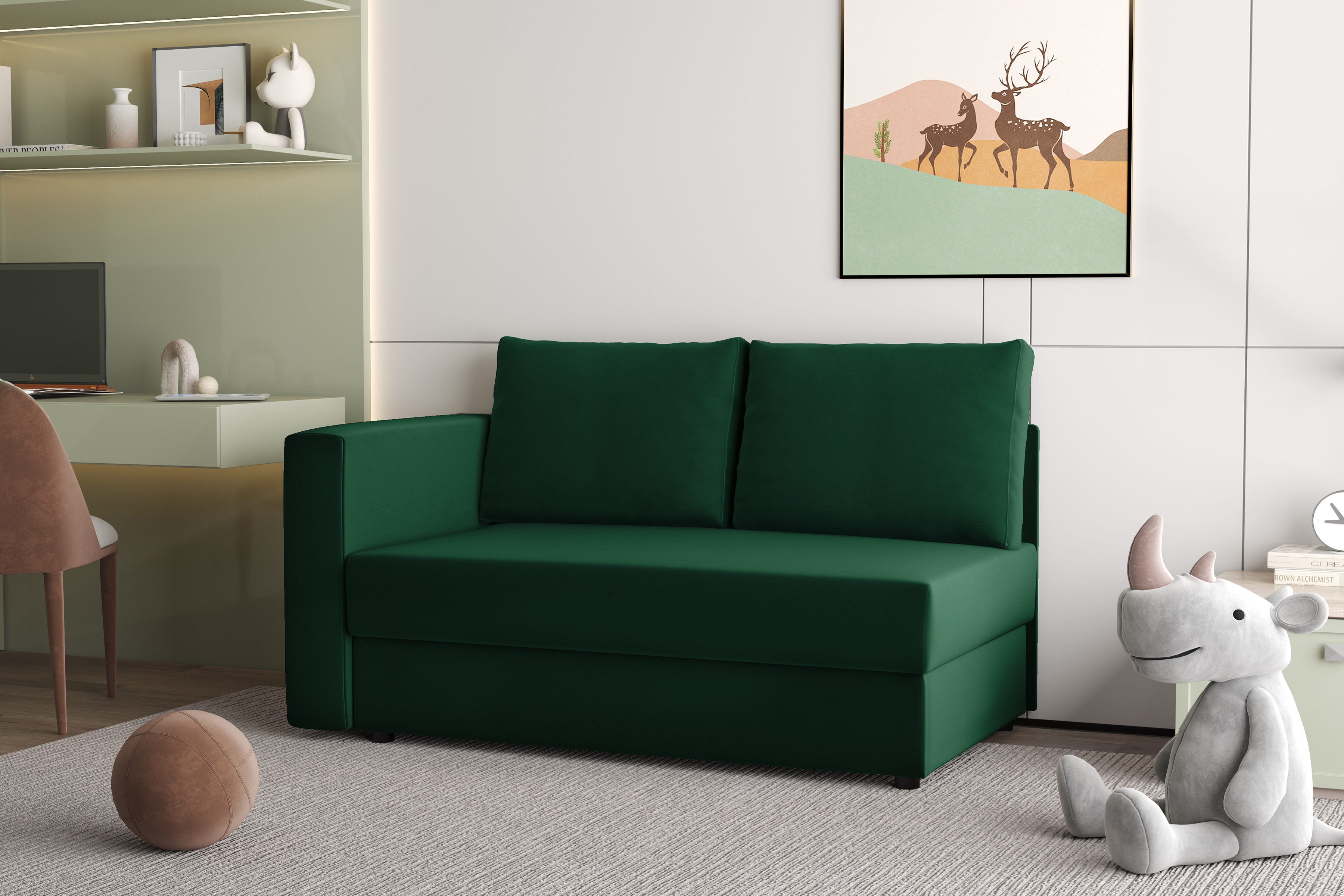 Váľanda Matej s úložným priestorom pravá - 200x80 cm - zelený velúr Velluto 10 Detská pohovka/posteľ pravá strana rozkladany s úložným priestorom Maciek - Zelený zamat Velluto 10