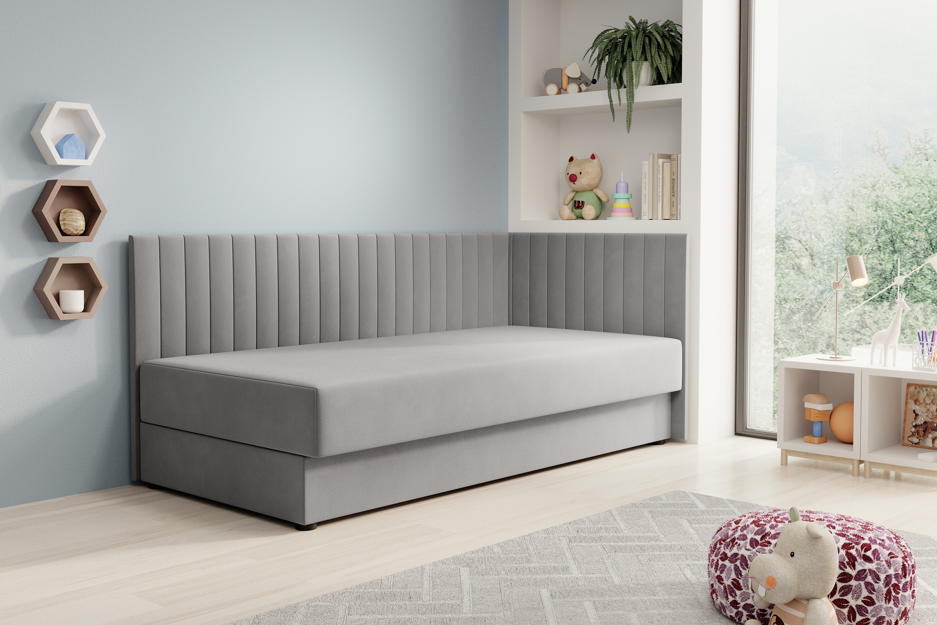 Pravostranná lenoška Nutri 186x80 cm s úložným prostorem - šedý samet Zanzibar 182 Válenda/Postel s úložným prostorem Nutri pravá 186x80/80 cm - šedá samet Zanzibar 182