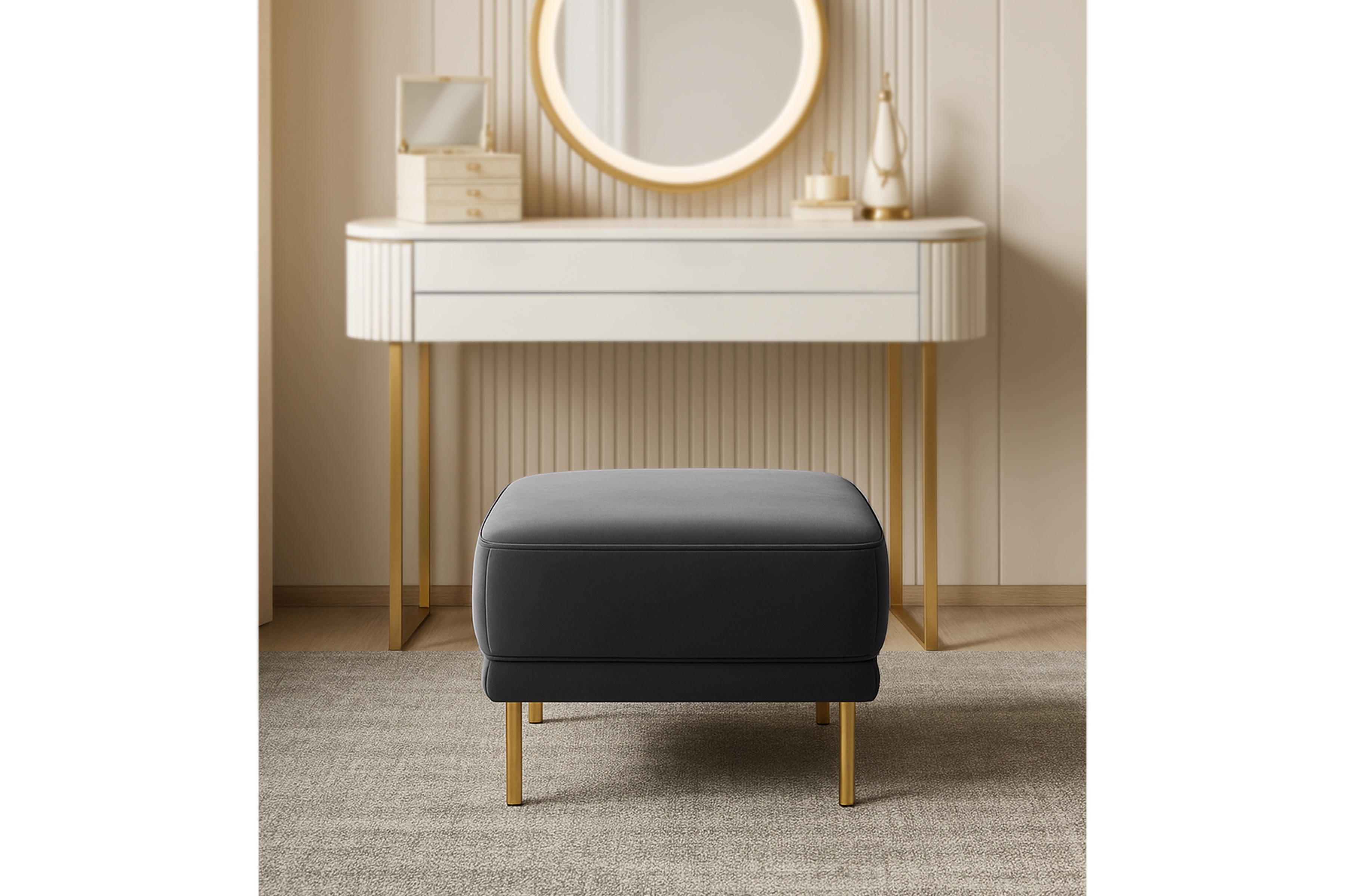 Taburet Nicole - šedá Velluto 18 / zlaté nožky čalouněná Taburet Nicole na kovových nohách - šedá samet Velluto 18 Anthracite / Nohy zlote 