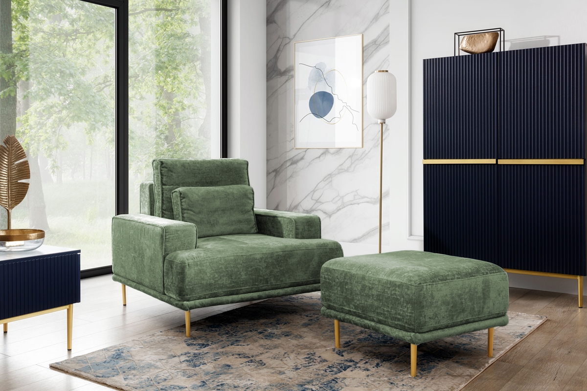 Taburetka Nicole - zelená žinylka Miu 2048 / zlaté nožičky čalúnená Taburet Nicole na kovových nohách - Zelený šenil Miu 2048 / Nohy zlaté 