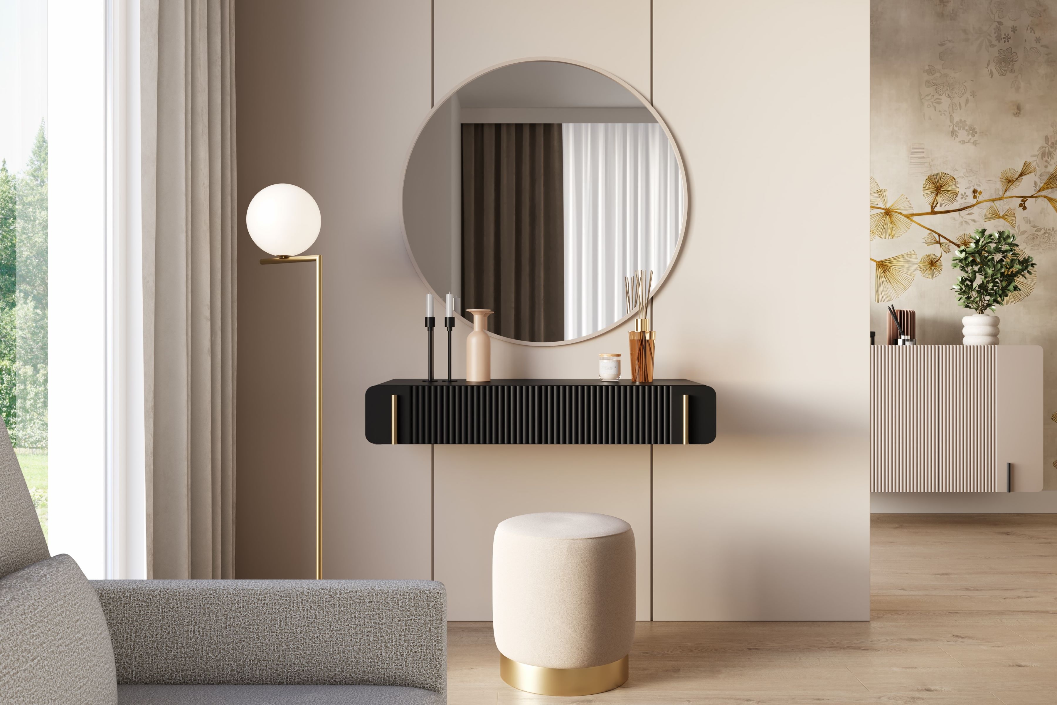 Závesný toaletný stolík Malmi 100 cm - čierny mat / zlatá Toaletný stolík Malmi 100 cm závesná so zásuvkami - Čierny mat / zlaté