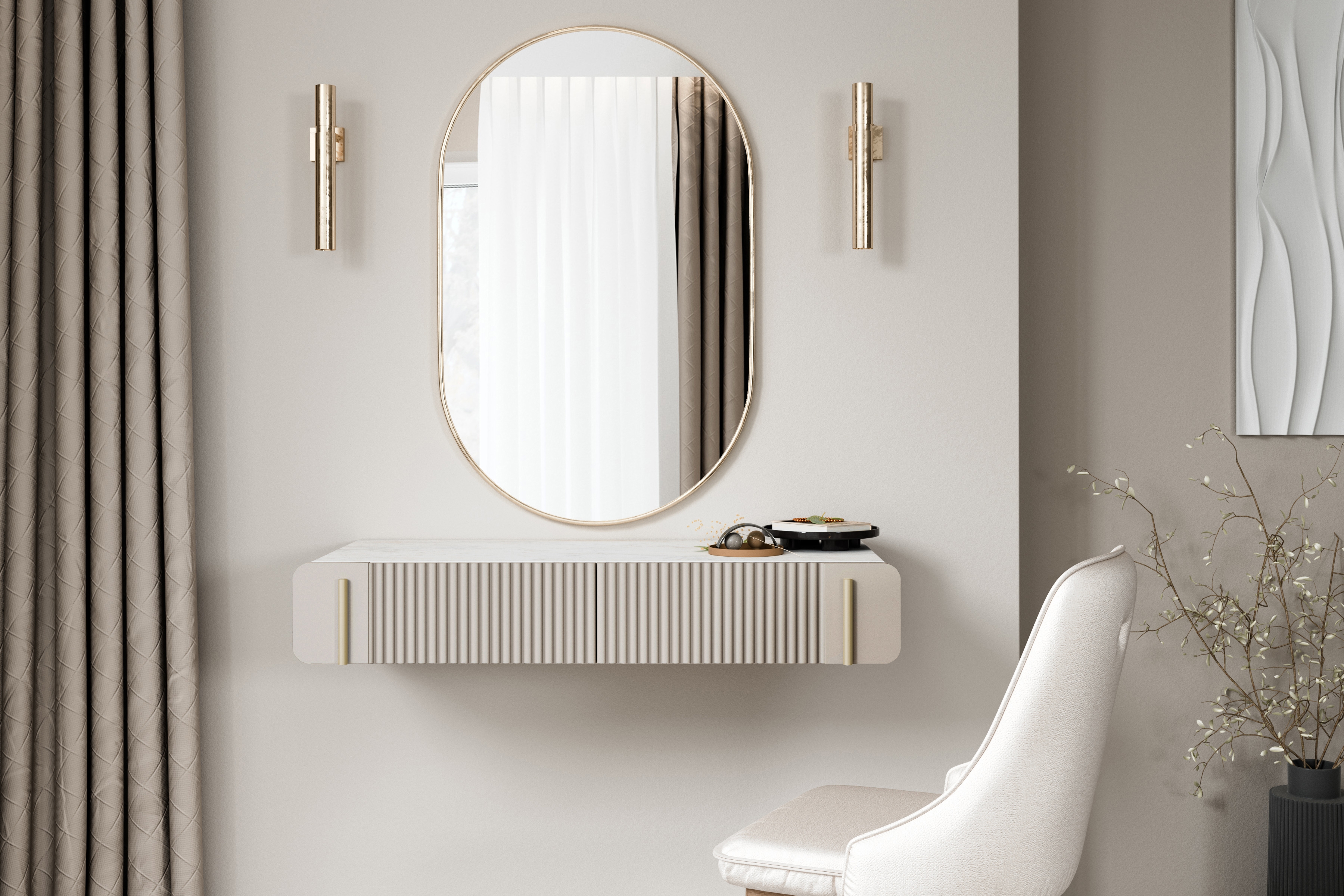 Závěsný toaletní stolek Malmi 100 cm - kašmírová / crema bianca / zlatá Toaletní stolek Malmi 100 cm závěsná se zásuvkami - kašmír / crema bianca / zlatá