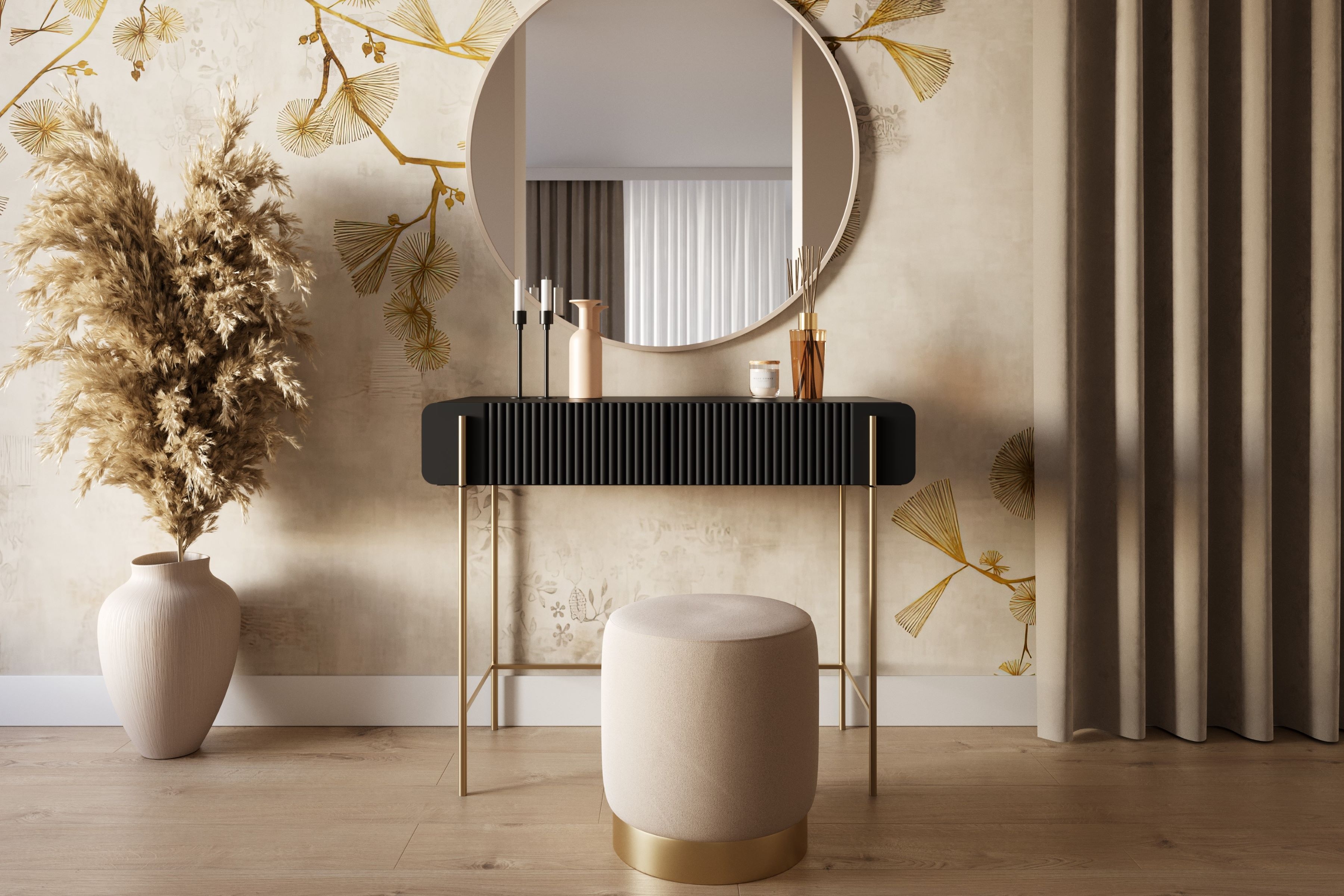 Toaletní stolek Malmi 100 cm se zásuvkami - černý mat / zlaté nožky Toaletní stolek Malmi 100 cm se zásuvkami - černá mat / zlote nozki