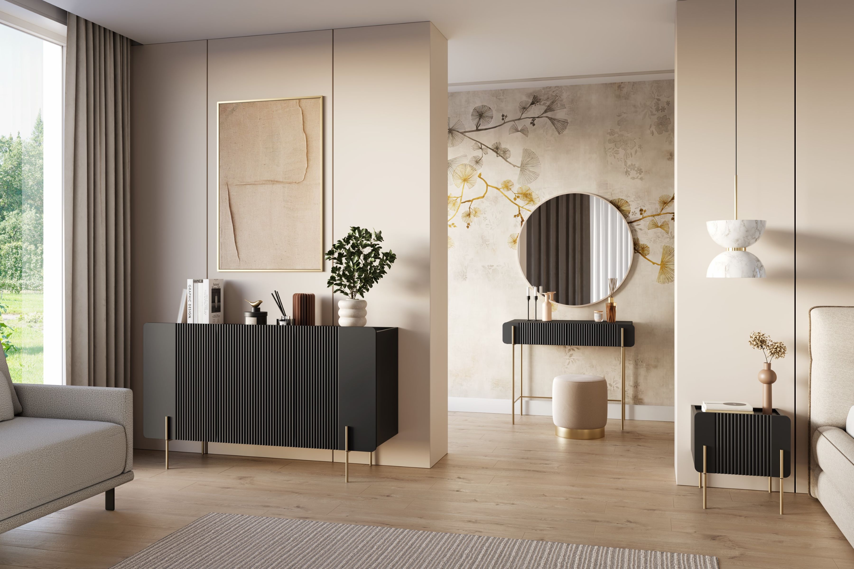 Toaletní stolek Malmi 100 cm se zásuvkami - černý mat / zlaté nožky Toaletní stolek Malmi 100 cm se zásuvkami - černá mat / zlote nozki