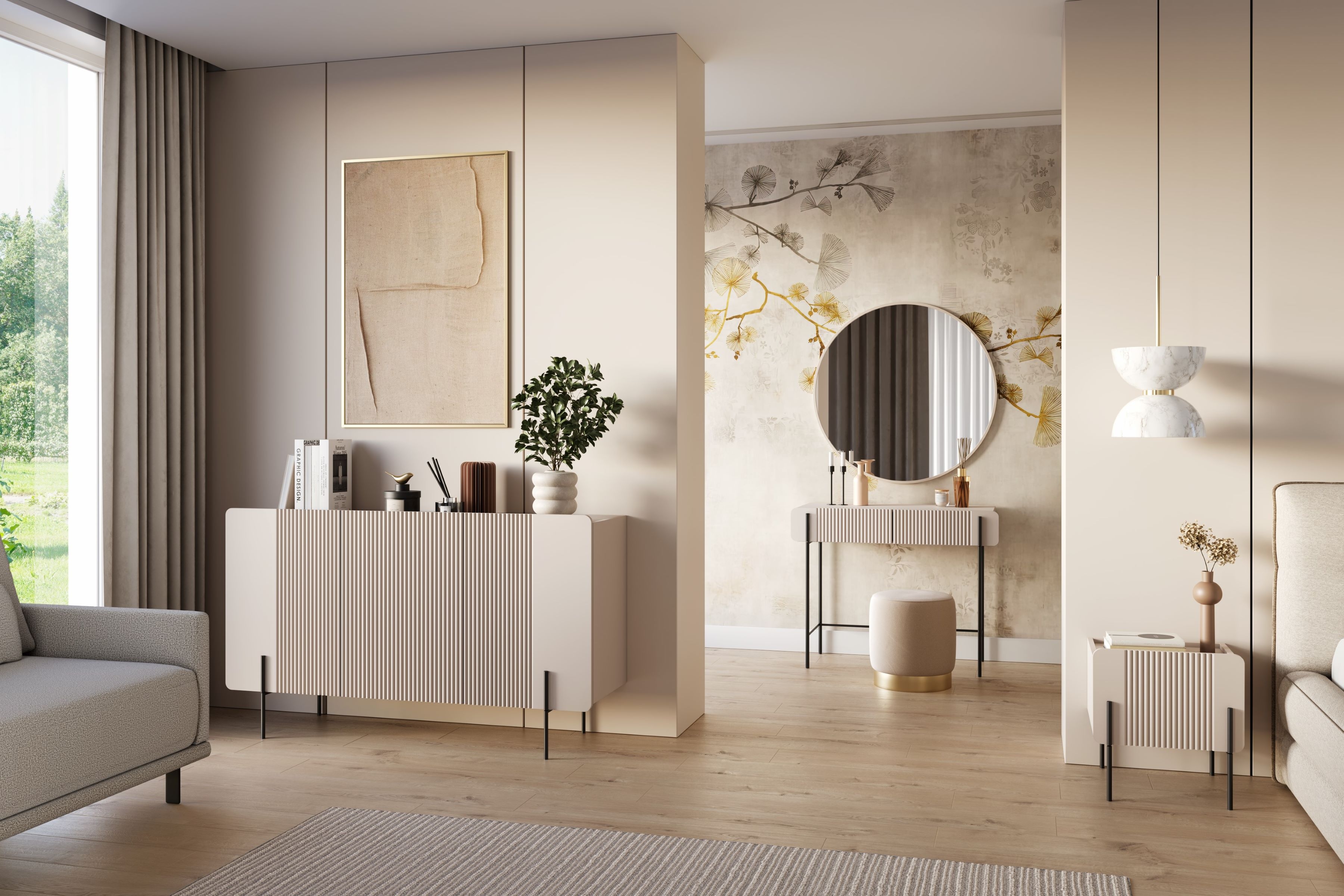 Toaletný stolík Malmi 100 cm - kašmírová / čierna Toaletný stolík Malmi 100 cm so zásuvkami - kašmír / čierny nozki