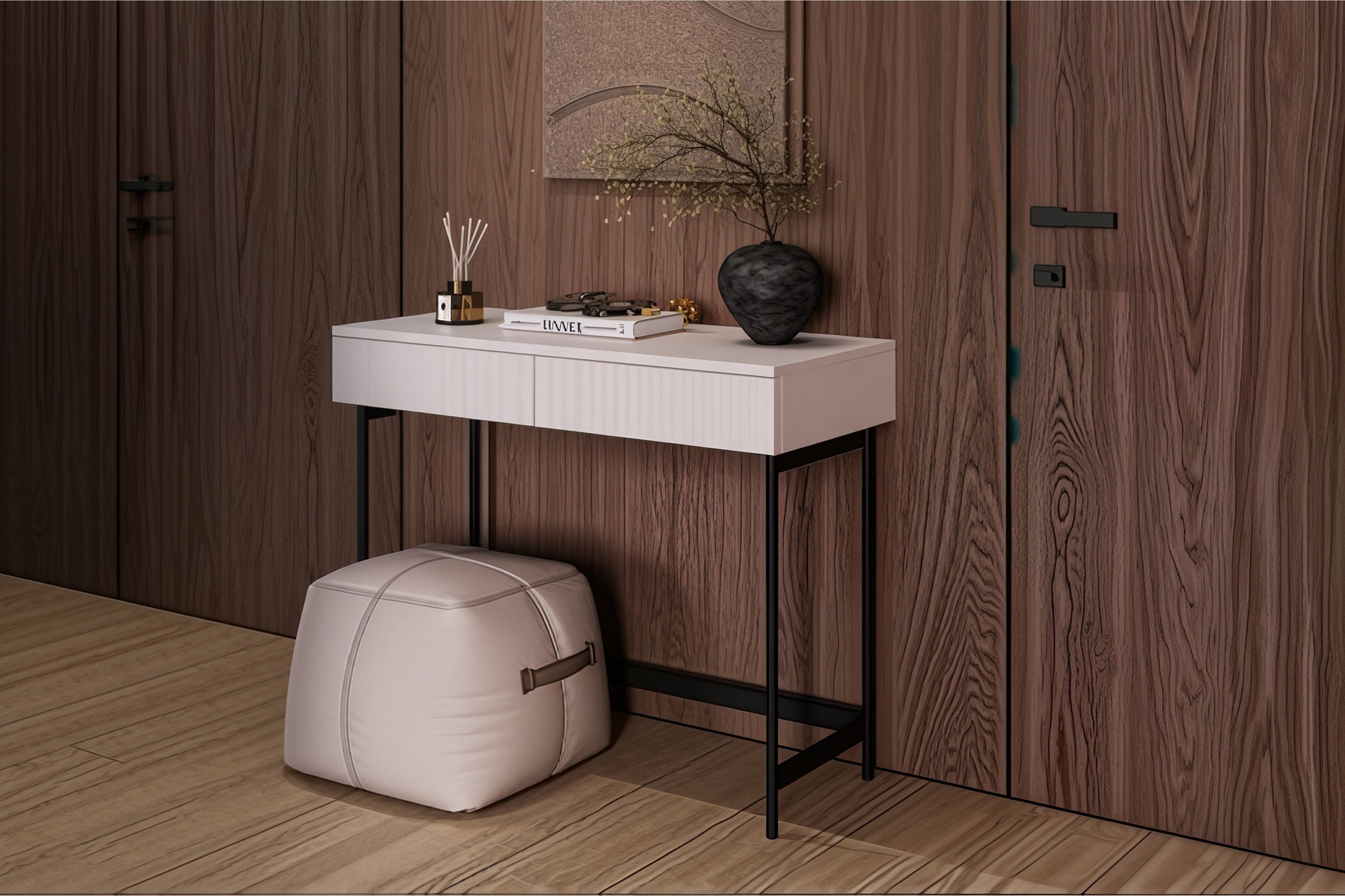 Toaletný stolík Nubo 97 cm s ryhovaným čelom - kašmír / čierne nožičky Toaletný stolík Nubo 97 cm ryflowana - kašmír / Čierny