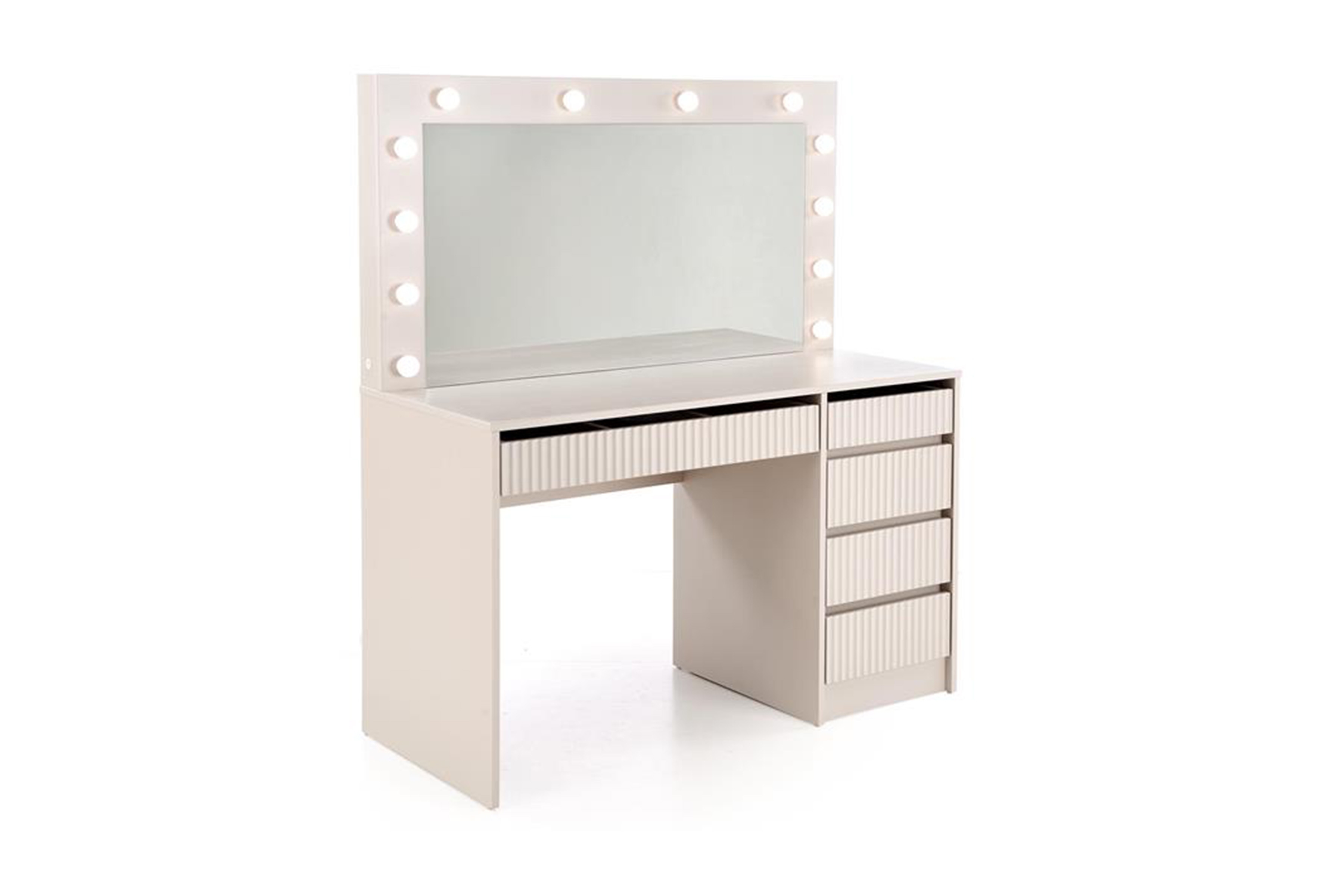 Toaletní stolek Velinio 120 cm s LED zrcadlem – kašmírová Toaletní stolek Velinio 120 cm ryflowana z zrcadlem LED kašmír