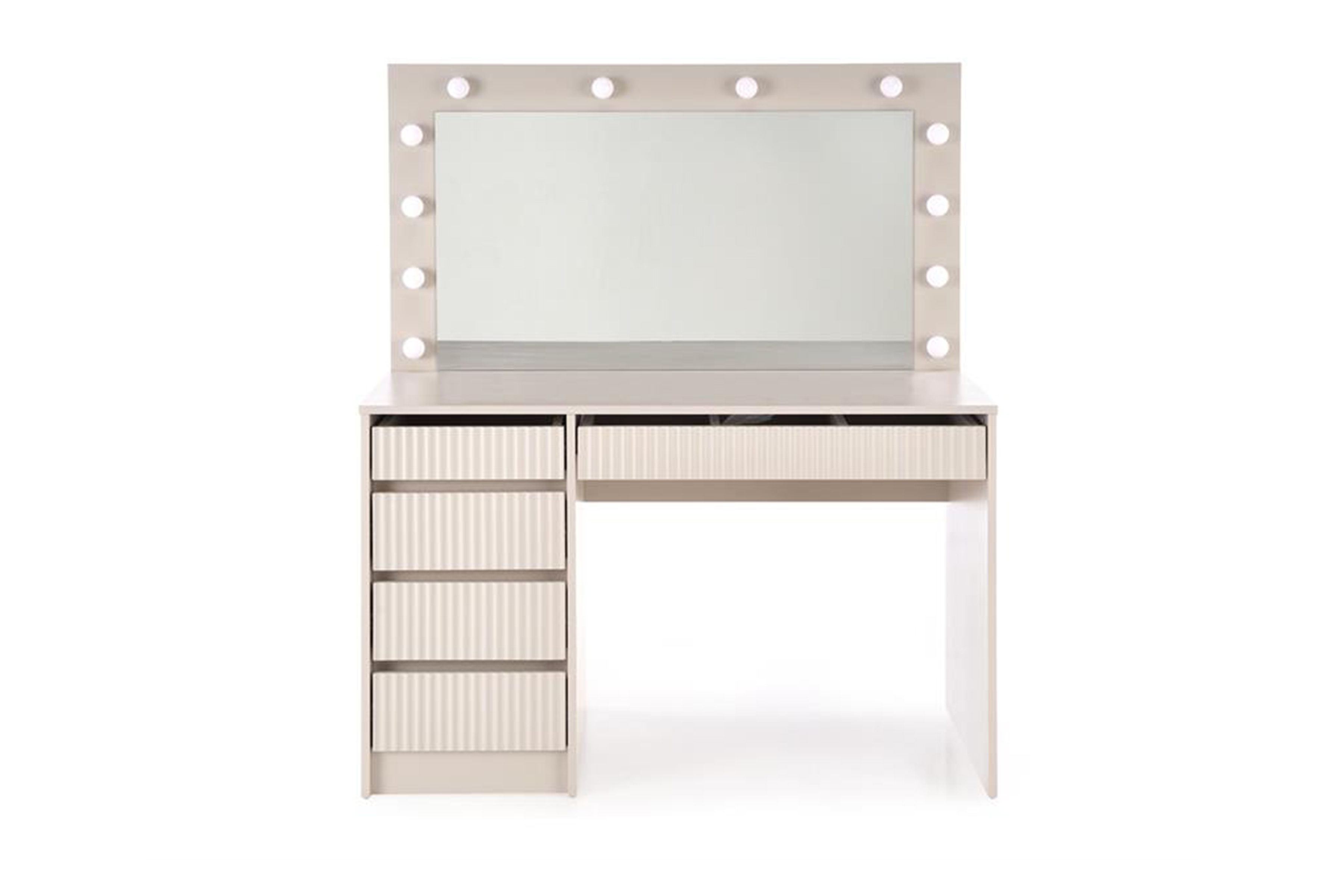 Toaletní stolek Velinio 120 cm s LED zrcadlem – kašmírová Toaletní stolek Velinio 120 cm ryflowana z zrcadlem LED kašmír