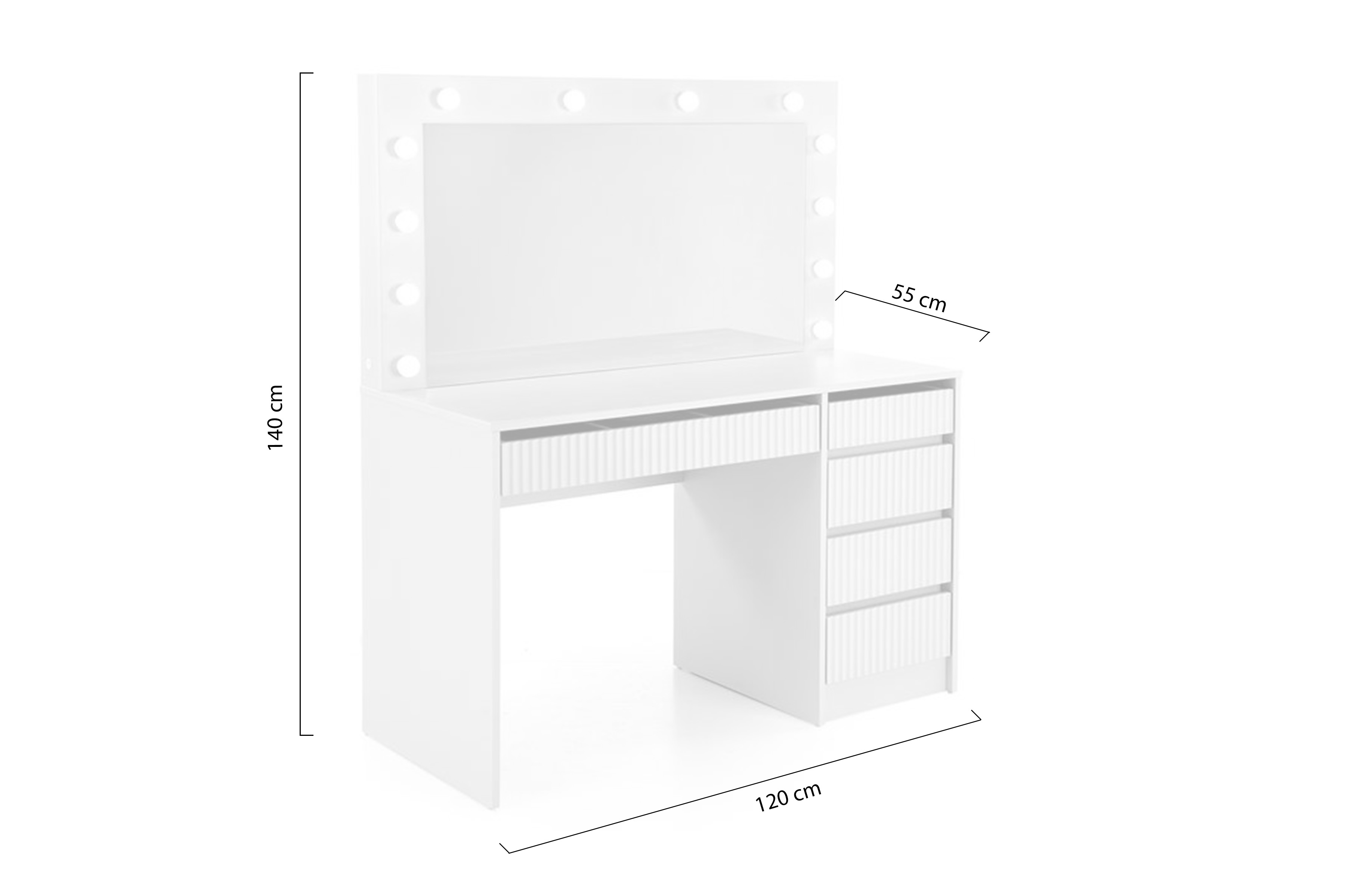 Toaletní stolek Velinio 120 cm s LED zrcadlem – kašmírová Toaletní stolek Velinio 2 120 cm ryflowana kašmír