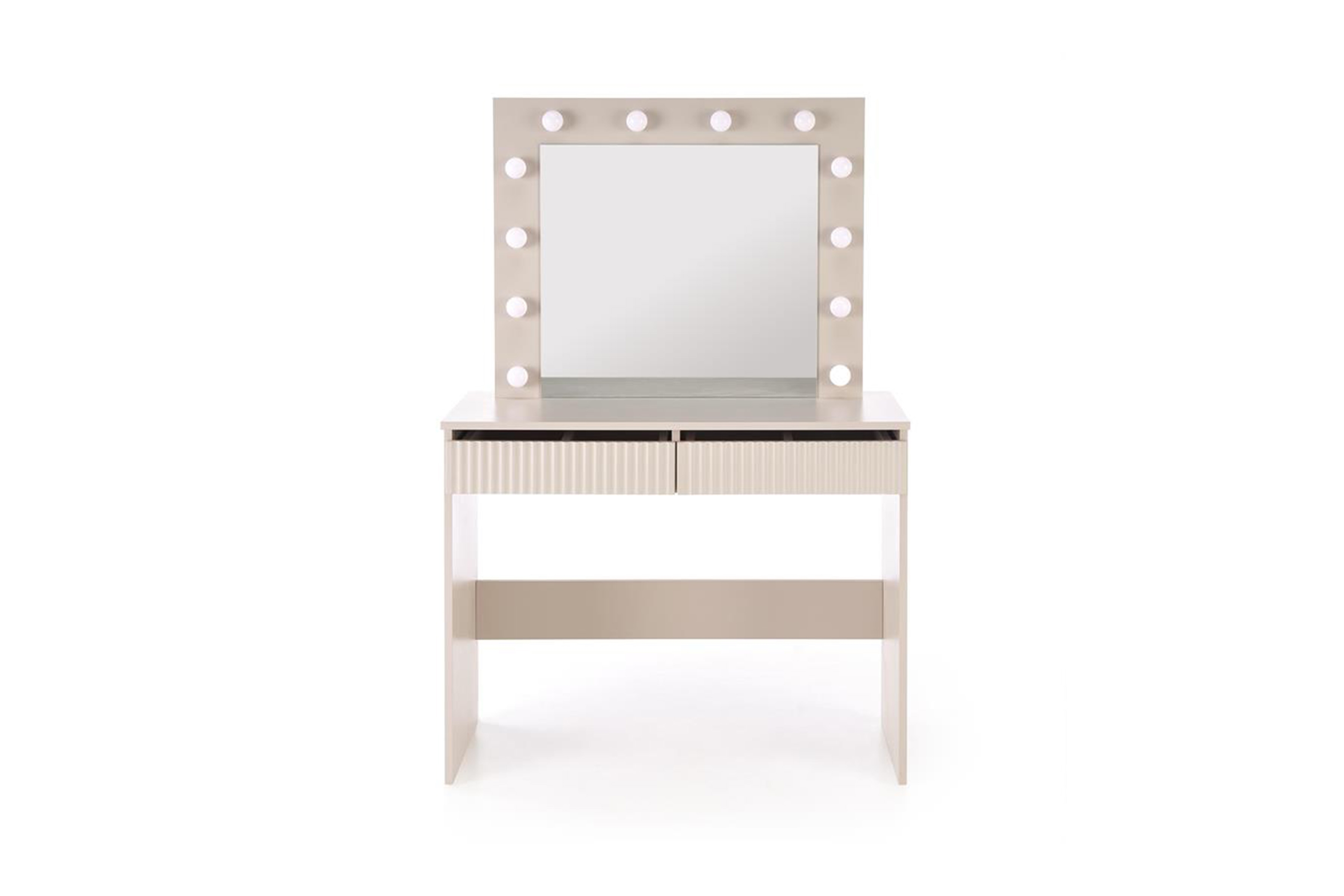 Toaletní stolek Velinio 95 cm s LED zrcadlem – kašmírová Toaletní stolek Velinio 95 cm ryflowana z zrcadlem LED kašmír