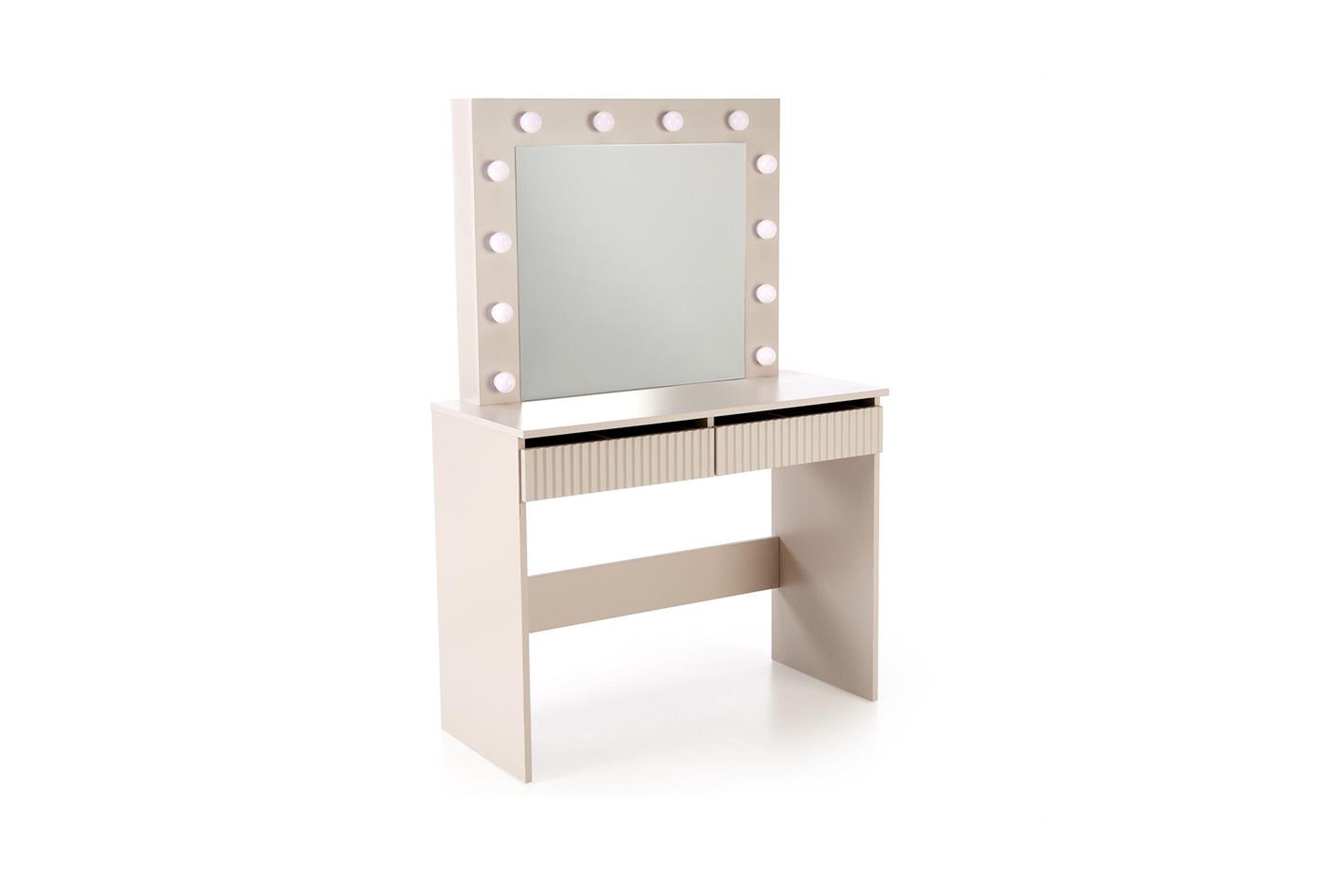 Toaletní stolek Velinio 95 cm s LED zrcadlem – kašmírová Toaletní stolek Velinio 95 cm ryflowana z zrcadlem LED kašmír