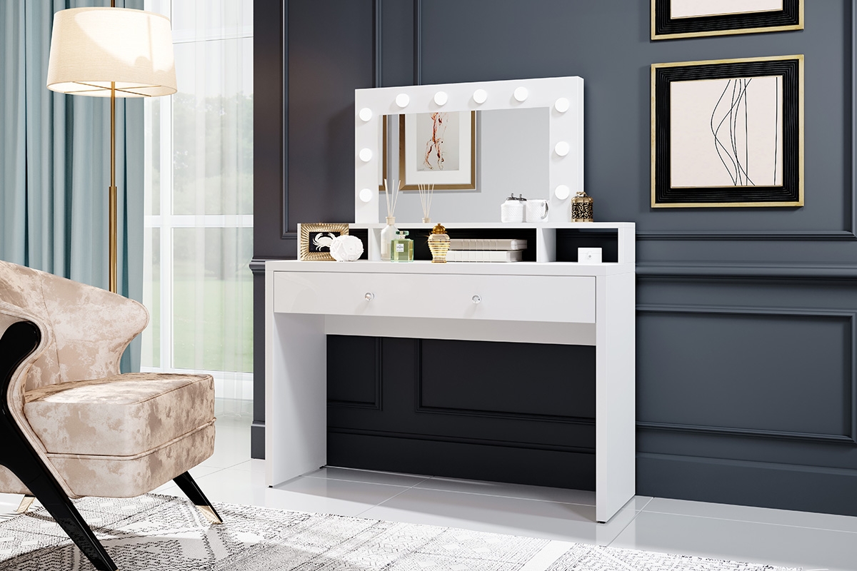 Toaletný stolík s osvetlením Aria - biely lesk Toaletný Stôlík so zásuvkou