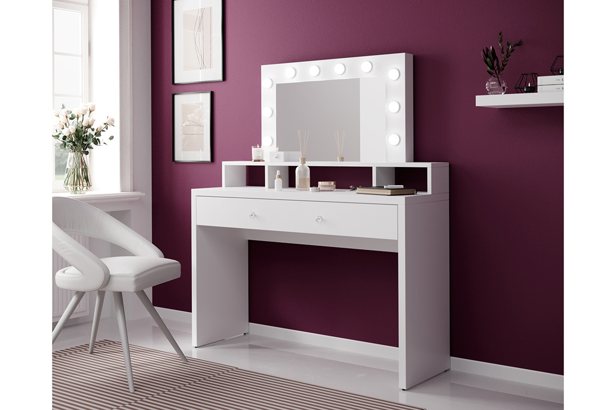 Toaletný stolík s osvetlením Aria - biely lesk Biela Toaletný Stôlík s osvetlením