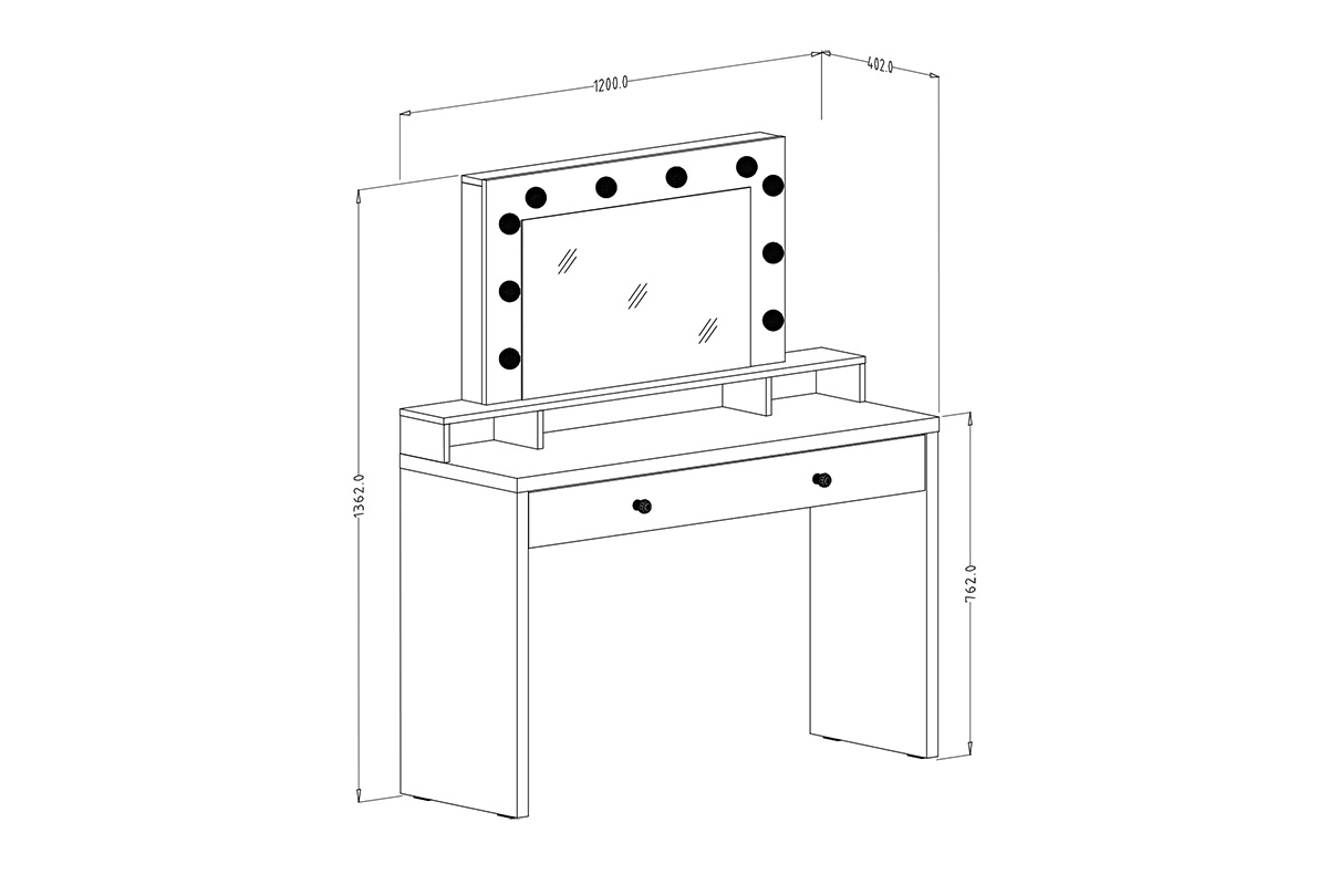 Toaletný stolík s osvetlením Aria - biely lesk Toaletný Stôlík s osvetlením Aria - biely lesk - Rozmery