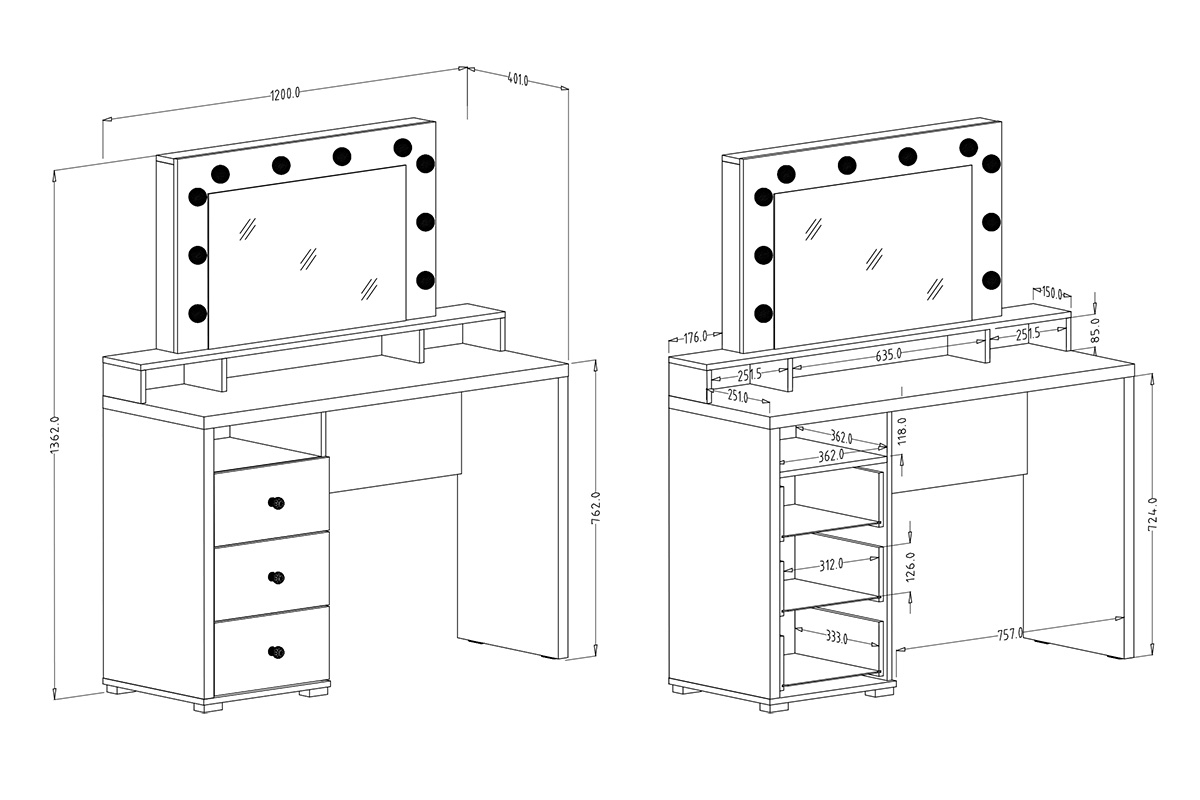 Toaletný stolík Diva s osvetlením i zásuvkami 120 cm - biely mat Toaletný stolík s osvetlením Diva - biely mat - Rozmery