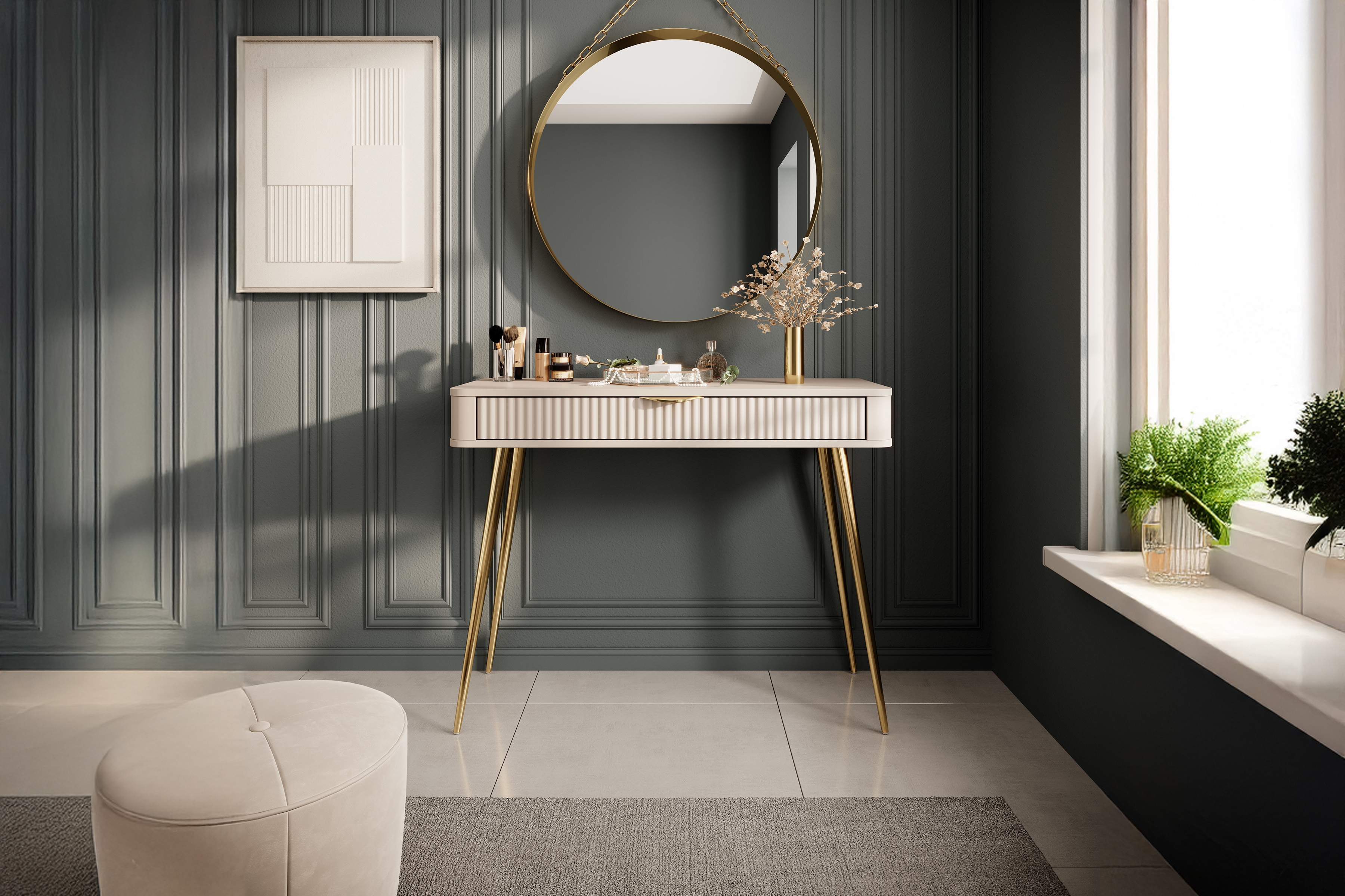 Toaletný stolík Zeliano so zásuvkou 100 cm - béžový / zlaté nožičky Toaletný Stolík Zeliano z szuflada 100 cm - béžový / nožičky zlote