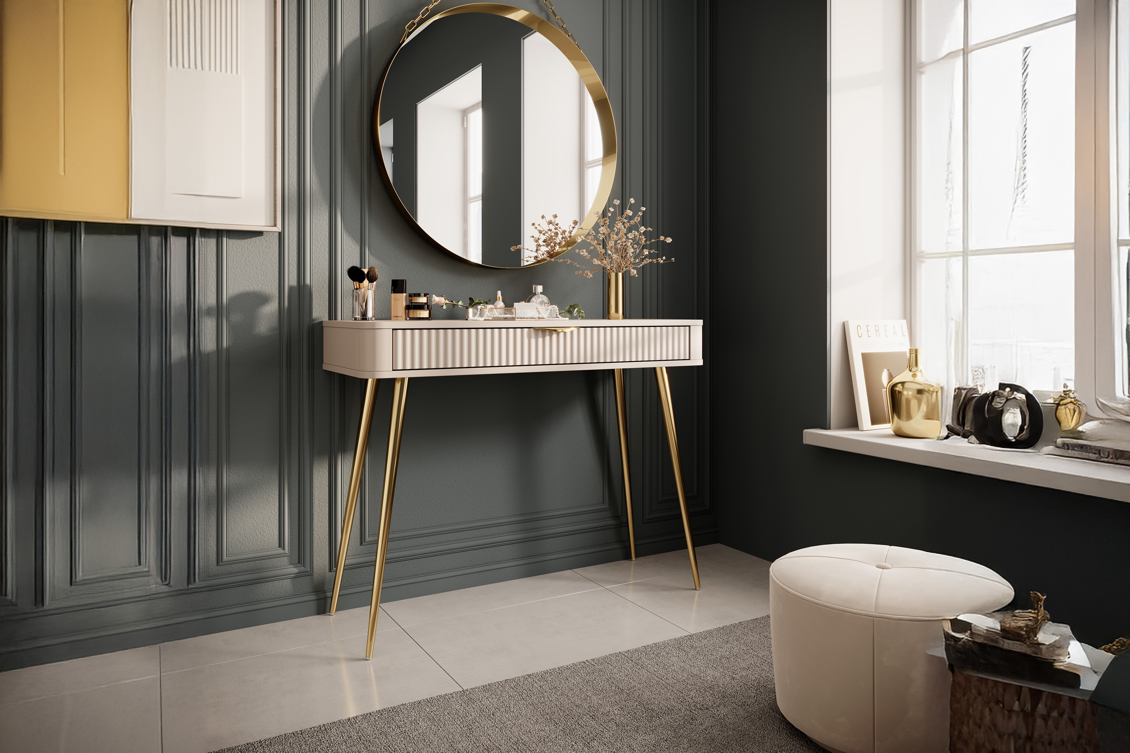 Toaletný stolík Zeliano so zásuvkou 100 cm - béžový / zlaté nožičky Toaletný Stolík Zeliano z szuflada 100 cm - béžový / nožičky zlote