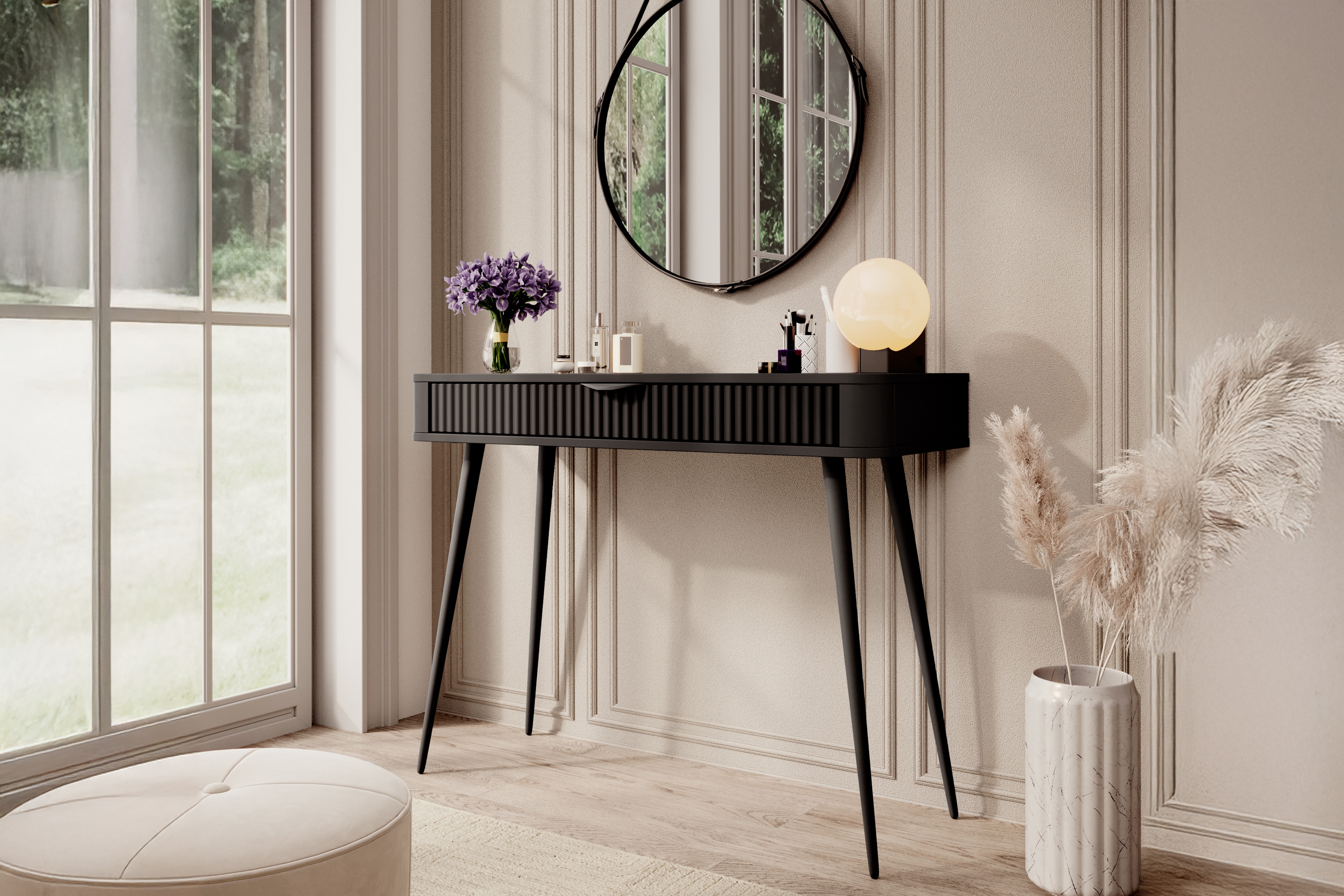 Toaletný stolík Zeliano so zásuvkou 100 cm - čierny / čierne nožičky Toaletný Stolík Zeliano z szuflada 100 cm - Čierny / nožičky čierny