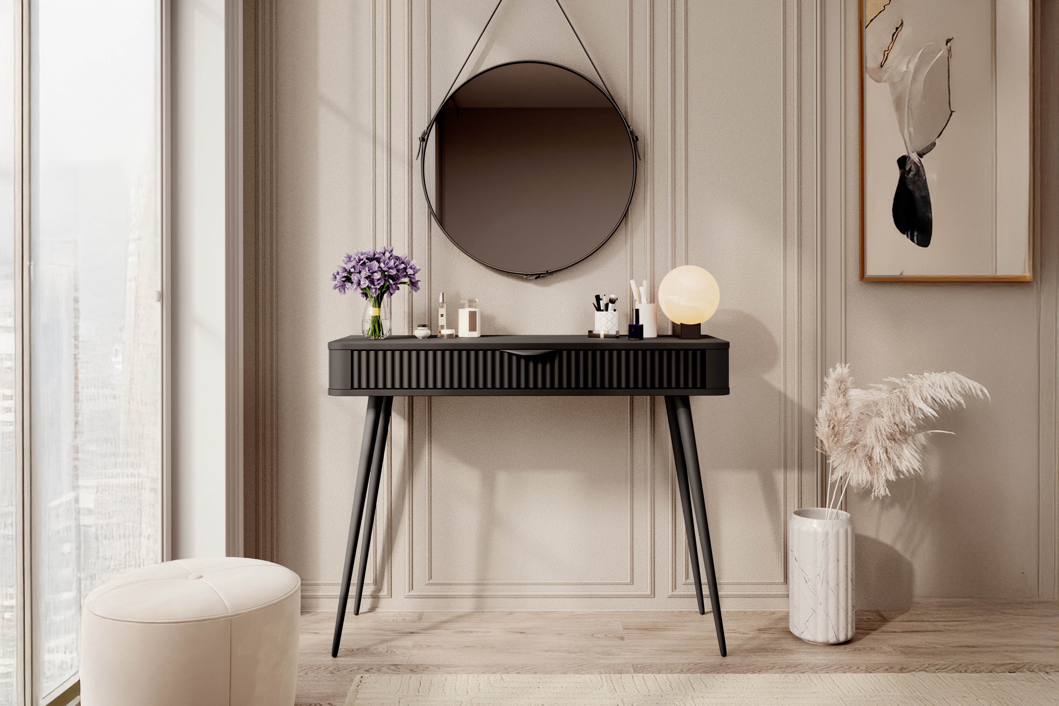 Toaletný stolík Zeliano so zásuvkou 100 cm - čierny / čierne nožičky Toaletný Stolík Zeliano z szuflada 100 cm - Čierny / nožičky čierny