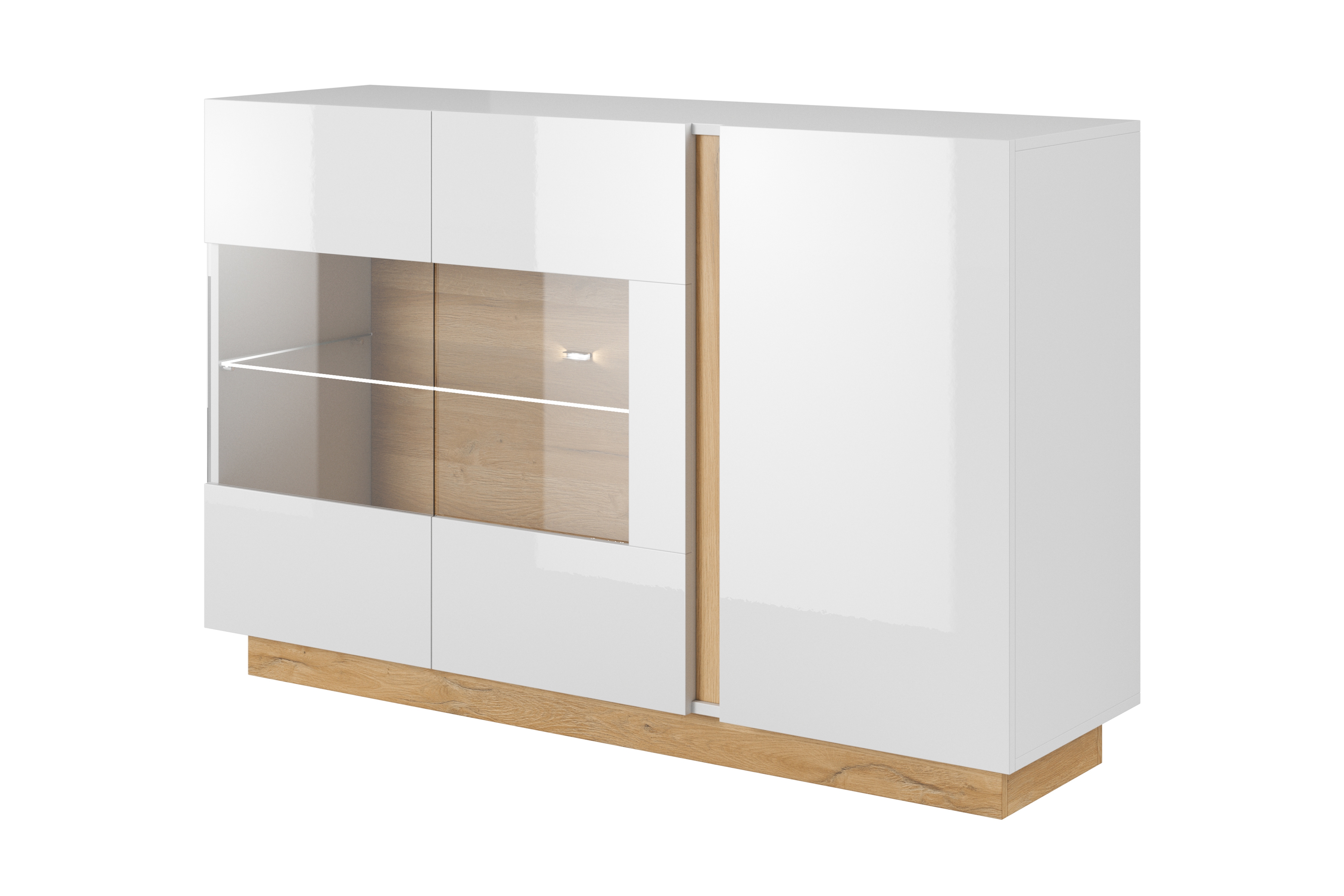 Komoda Arcano 138 cm s proskleným čelem - bílá / dub grandson třídveřová Komoda Arcano z przeszklonym frontem 138 cm - Bílý/Dub grandson