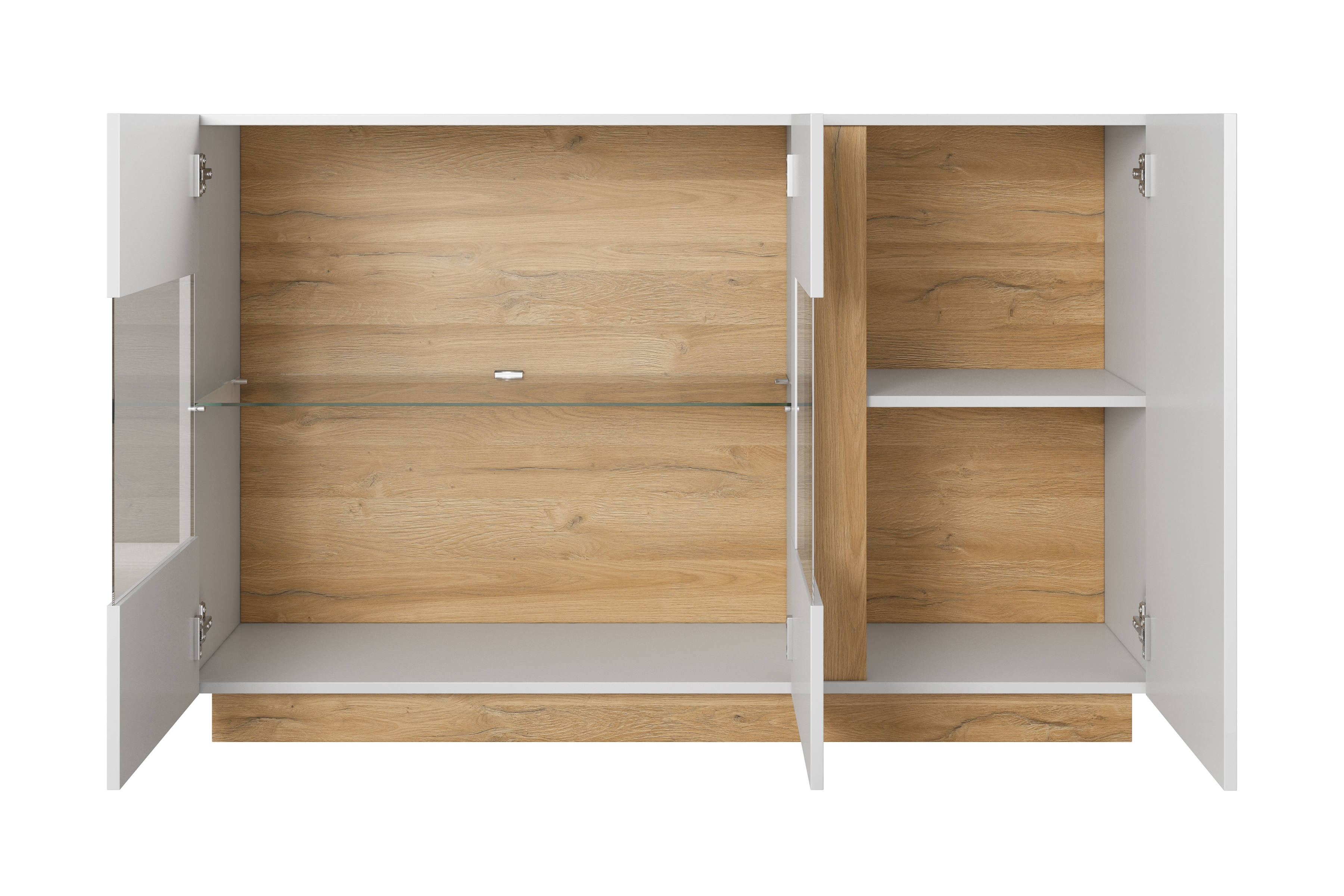 Komoda Arcano 138 cm s proskleným čelem - bílá / dub grandson třídveřová Komoda Arcano z przeszklonym frontem 138 cm - Bílý/Dub grandson