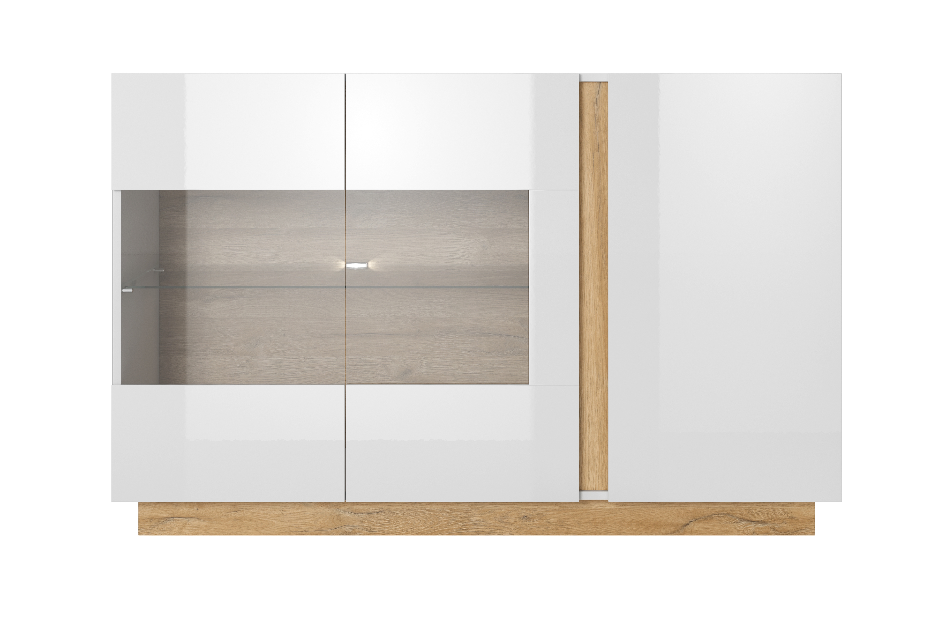 Komoda Arcano 138 cm s proskleným čelem - bílá / dub grandson třídveřová Komoda Arcano z przeszklonym frontem 138 cm - Bílý/Dub grandson