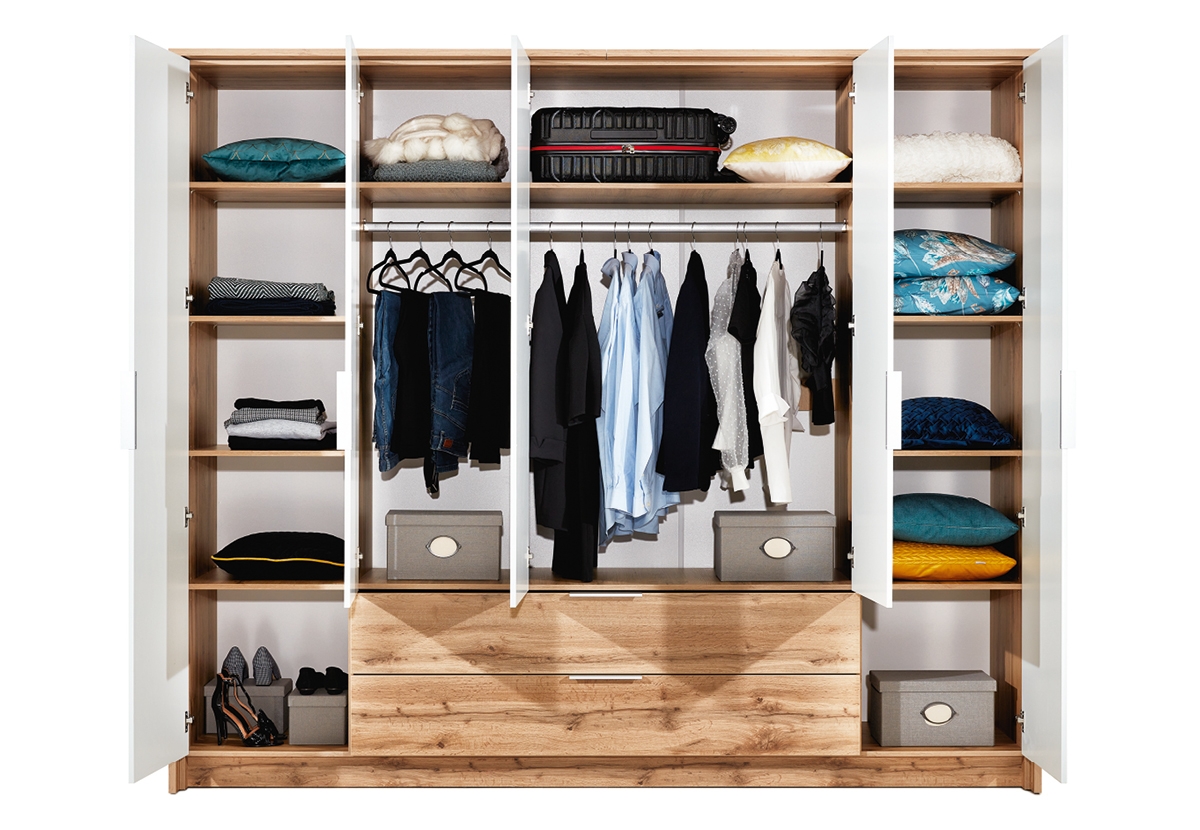 Šatní skříň Vienna 255 cm se dvěma zásuvkami - dub wotan / bílá moderní skříň z dwoma zásuvkami Vienna 255 cm - Dub wotan / Bílý - wnetrze