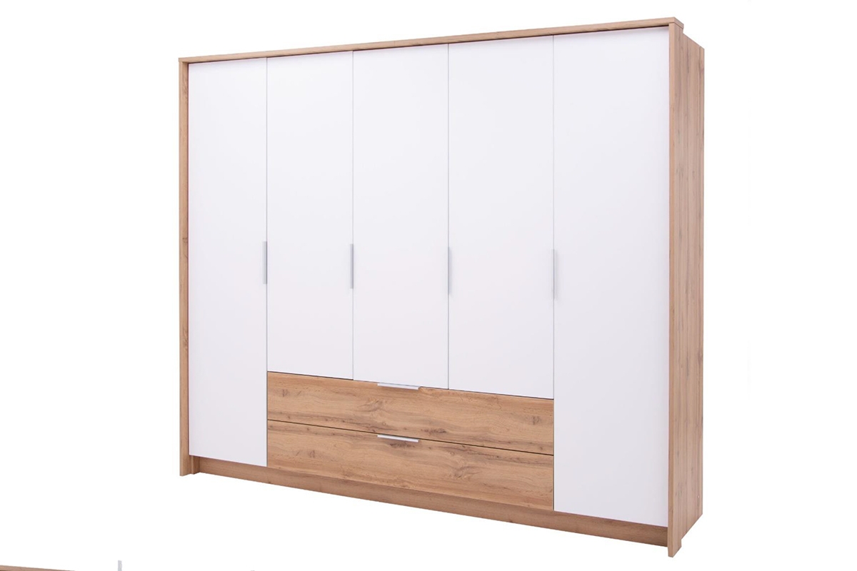 Šatní skříň Vienna 255 cm se dvěma zásuvkami - dub wotan / bílá moderní skříň z dwoma zásuvkami Vienna 255 cm - Dub wotan / Bílý 
