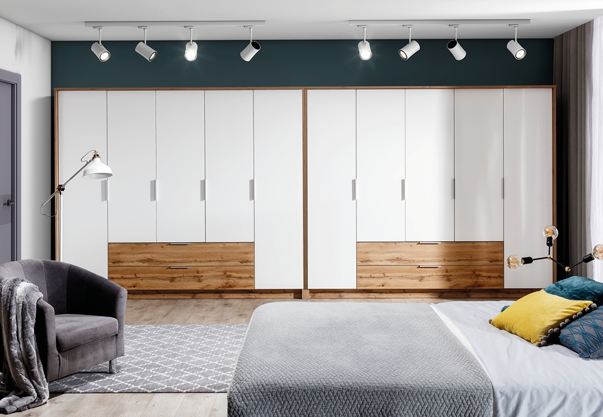 Šatní skříň Vienna 255 cm se dvěma zásuvkami - dub wotan / bílá moderní skříň z dwoma zásuvkami Vienna 255 cm - Dub wotan / Bílý - aranzacja