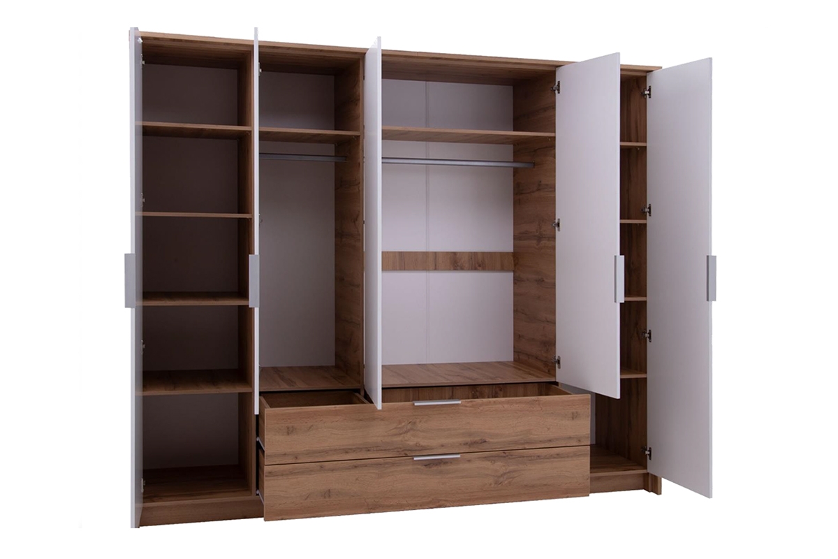 Šatní skříň Vienna 255 cm se dvěma zásuvkami - dub wotan / bílá moderní skříň z dwoma zásuvkami Vienna 255 cm - Dub wotan / Bílý - wnetrze