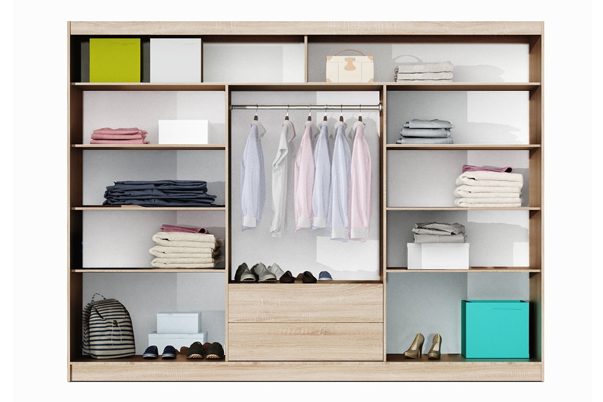 Skříň s posuvnými dveřmi se zrcadlem Vista 250 cm - bílá mat skříň Vista wnetrze