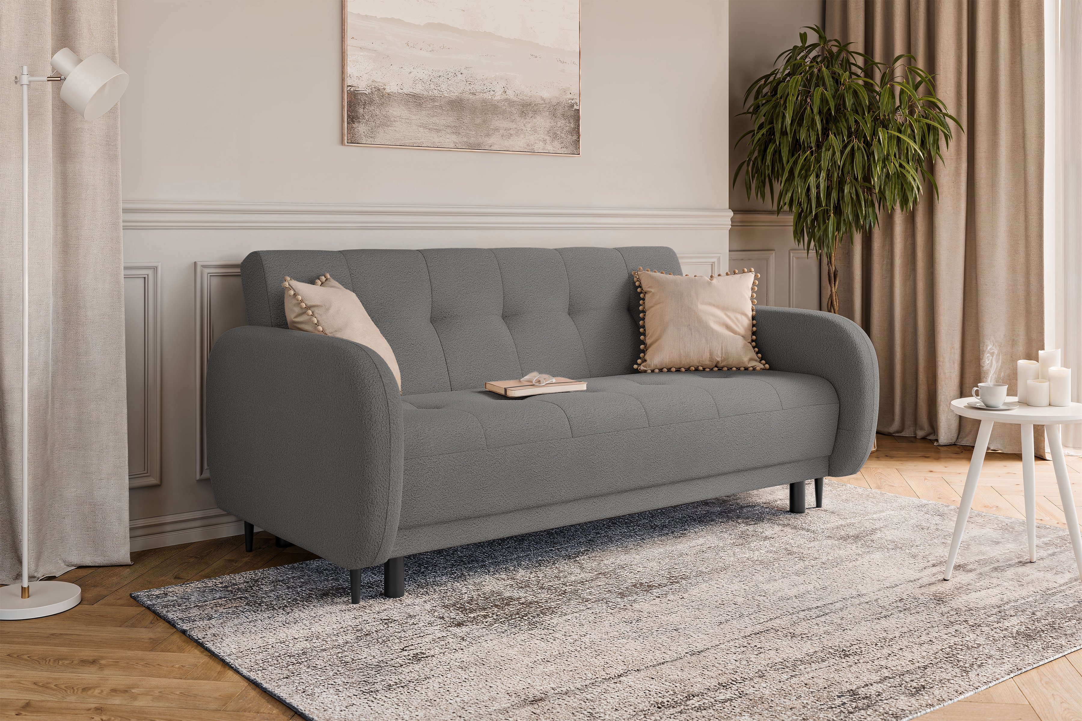 Rozkládací pohovka Linda - šedá Lambi 12 Pohovka Linda rozkladana pro obývacího pokoje - šedá boucle Lambi 12