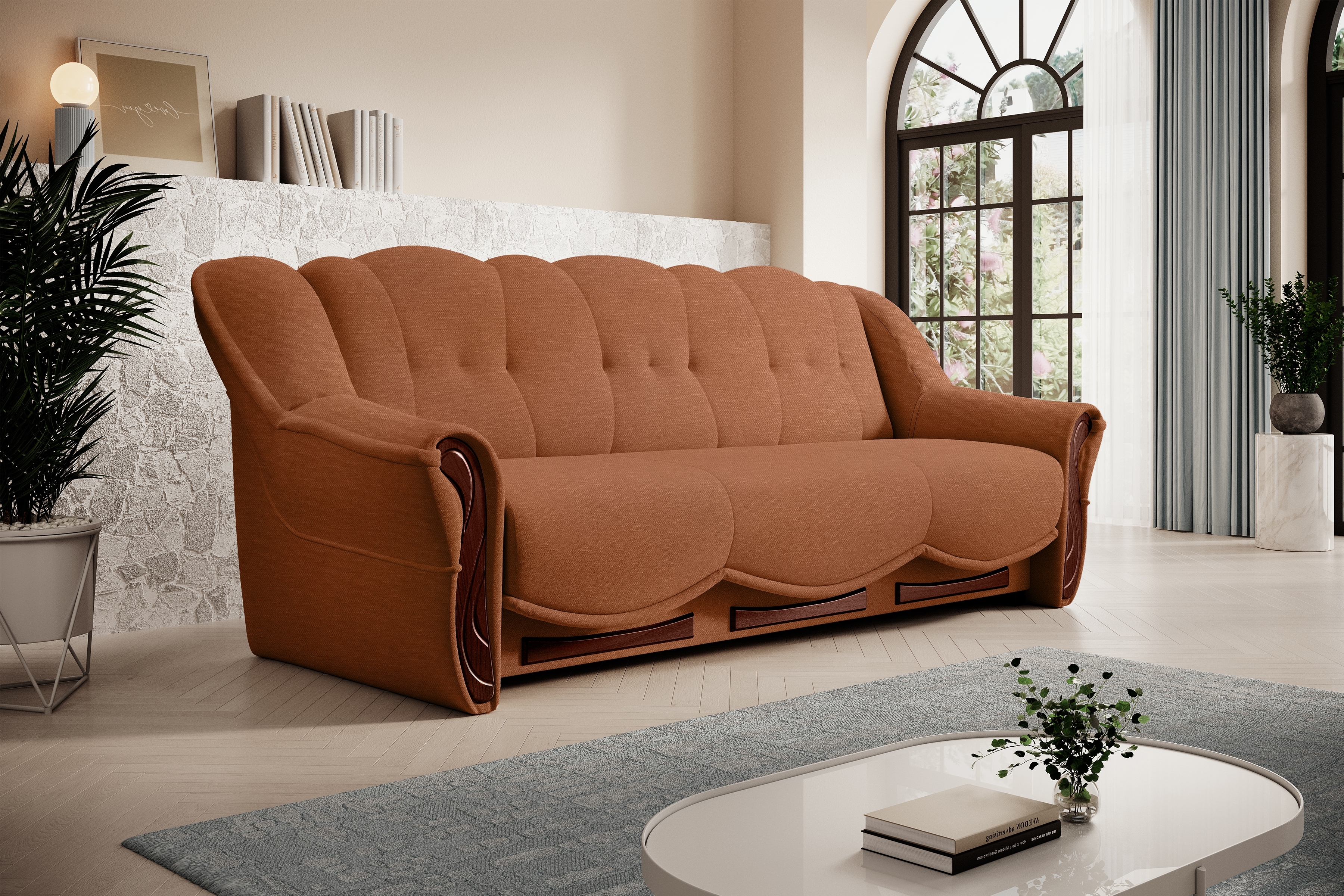 Rozkladacia pohovka do obývačky Walker - hrdzavá látka Austin 9 / tmavý palisander Pohovka rozkladana do obývacej izby Walker - ruda plecionka Austin 9 / tmavý palisander